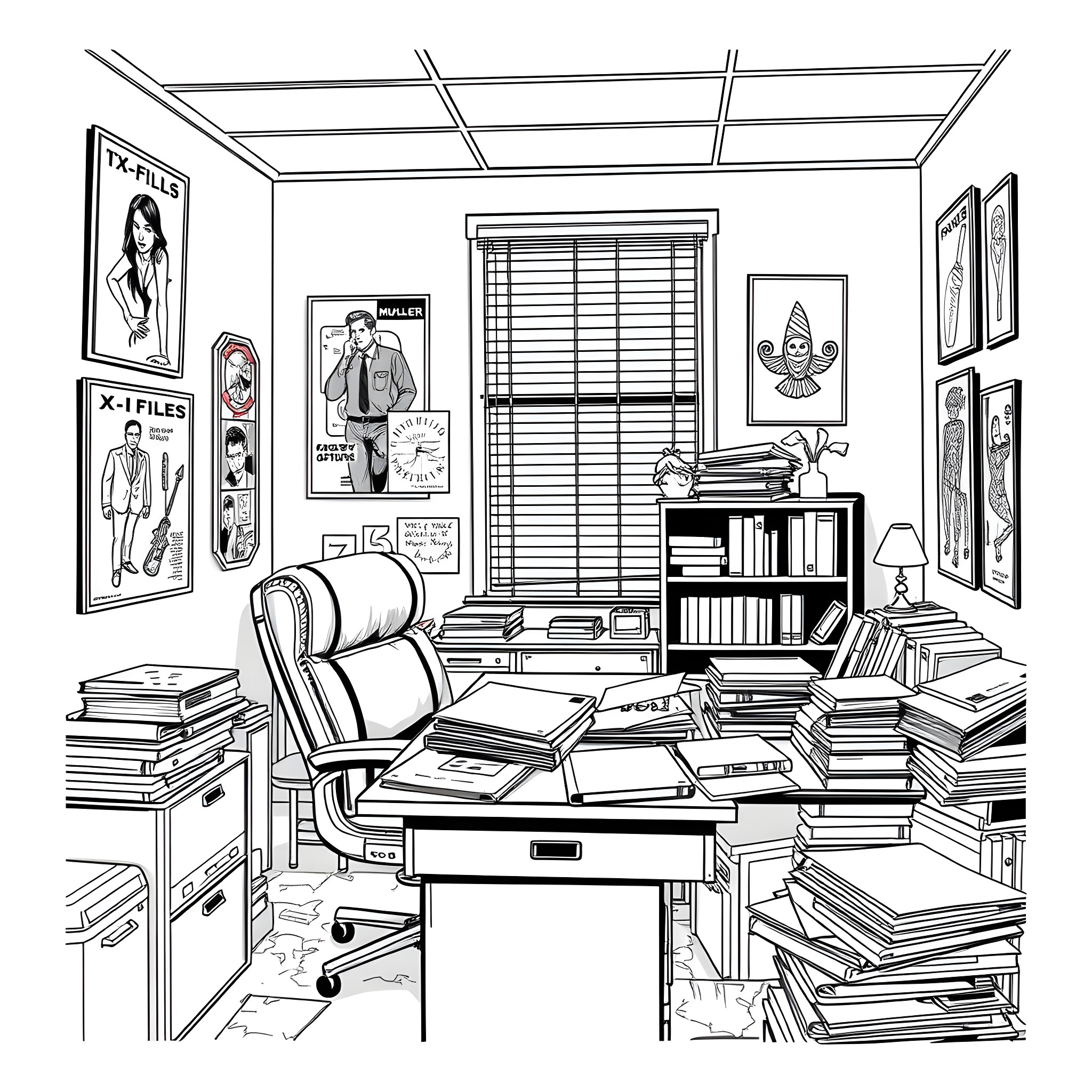 X Files: Strange Workspace Filled with Mysteries Coloring Page (free black-and-white line drawing printable PDF for all, from beginners to advanced learners, including children, teens, adults, and seniors)
