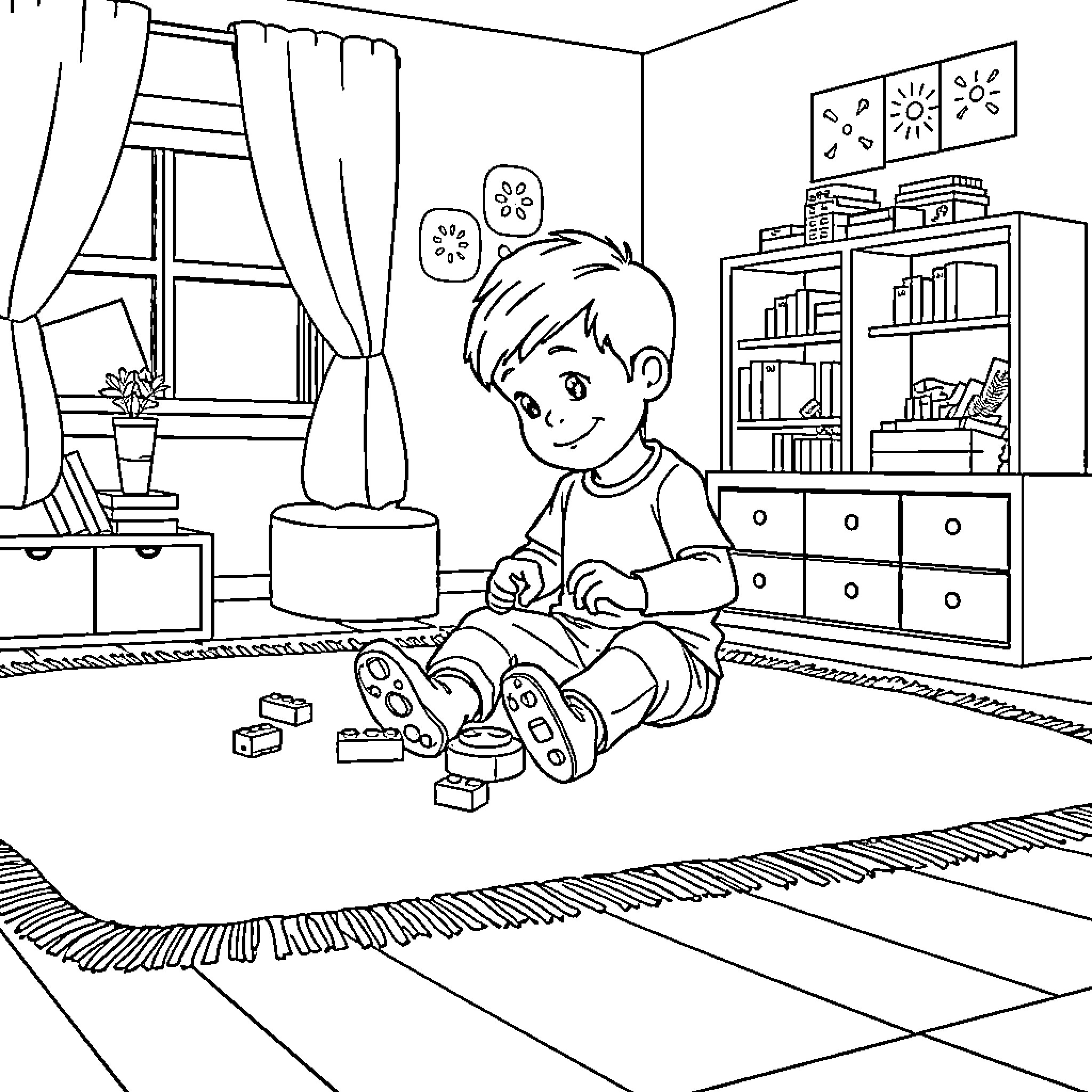 Boy Playing With Toys in Cozy Home Coloring Page (free black-and-white line drawing printable PDF for all, from beginners to advanced learners, including children, teens, adults, and seniors)
