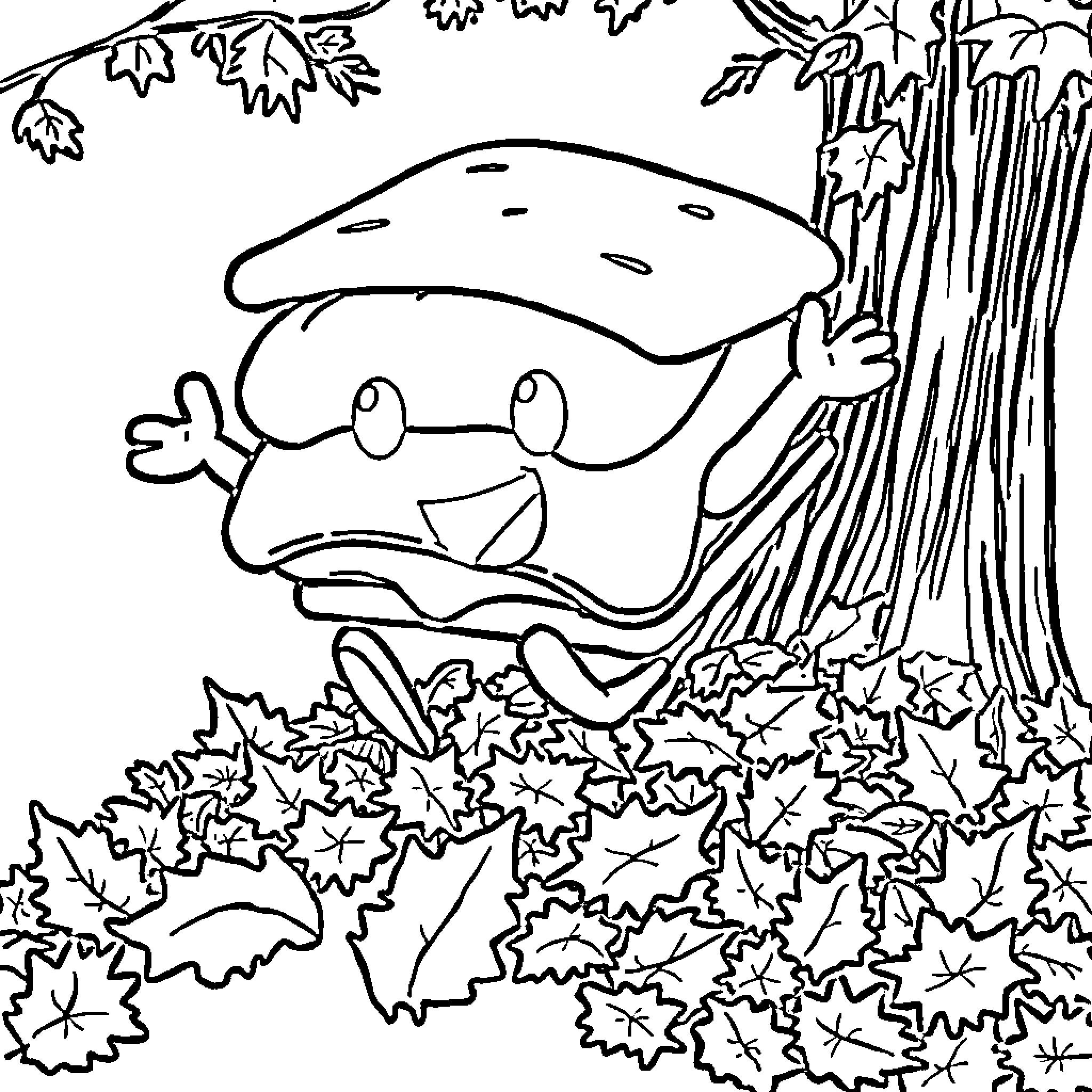 S'mores character playing in autumn leaves Coloring Page (free black-and-white line drawing printable PDF for all, from beginners to advanced learners, including children, teens, adults, and seniors)