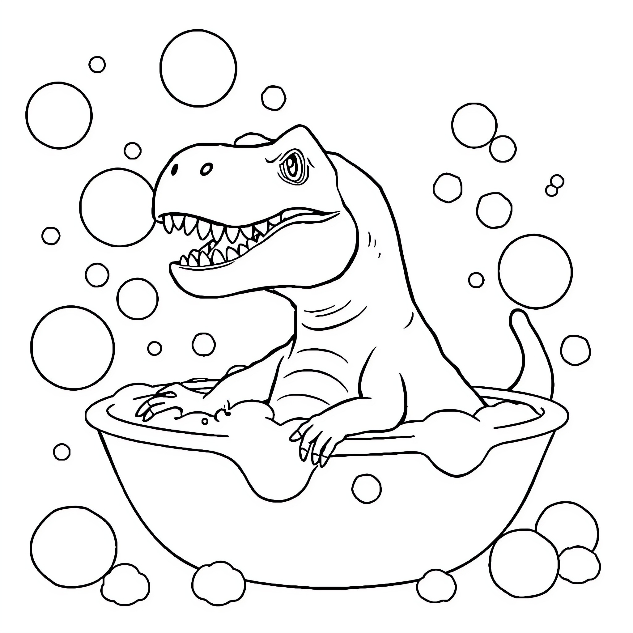 T-Rex Enjoying a Bubbly Bath Coloring Page (free black-and-white line drawing printable PDF for all, from beginners to advanced learners, including children, teens, adults, and seniors)
