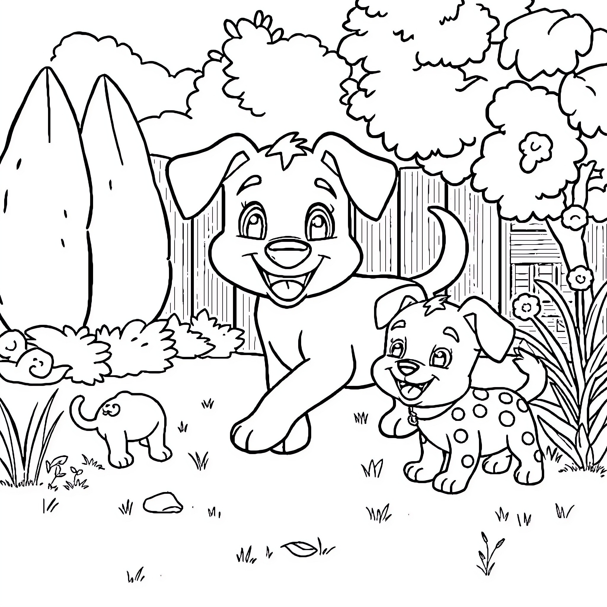 Bluey and puppy playing in forest Coloring Page (free black-and-white line drawing printable PDF for all, from beginners to advanced learners, including children, teens, adults, and seniors)