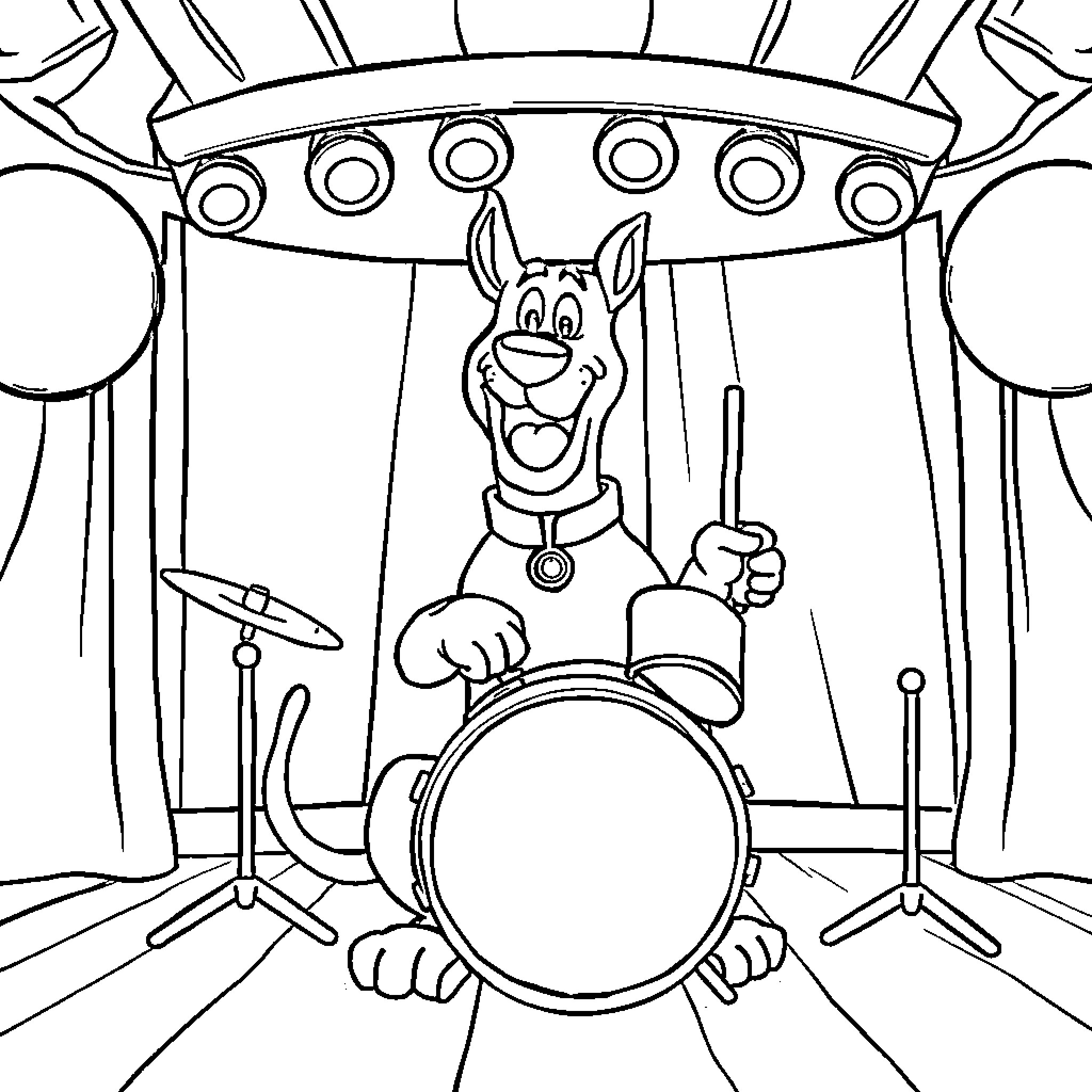 Scooby Doo Playing Drums on Stage Coloring Page (free black-and-white line drawing printable PDF for all, from beginners to advanced learners, including children, teens, adults, and seniors)