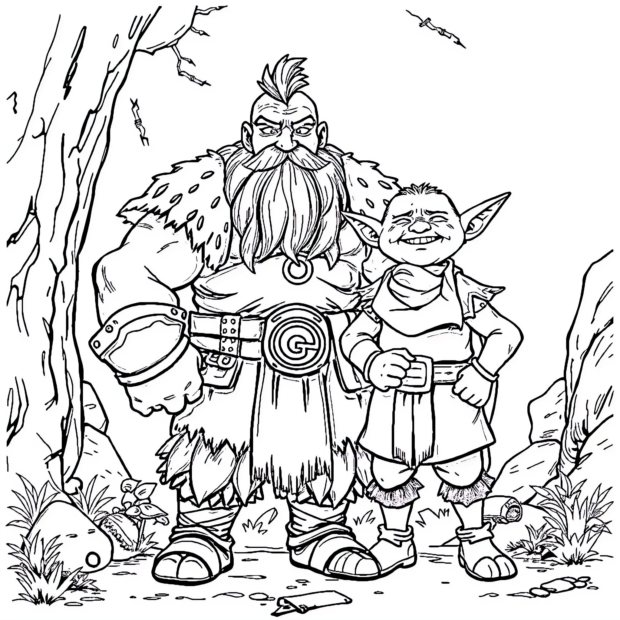 Barbarian warriors and their diminutive companion in the wilderness Coloring Page (free black-and-white line drawing printable PDF for all, from beginners to advanced learners, including children, teens, adults, and seniors)