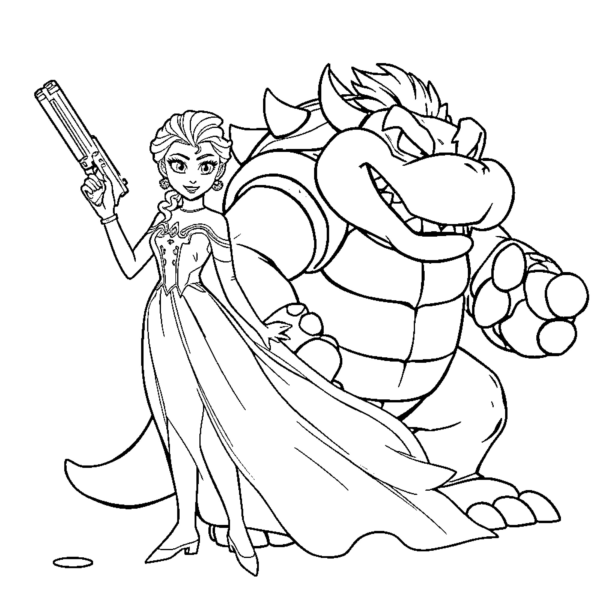 Elsa and the Fearsome Foe Coloring Page (free black-and-white line drawing printable PDF for all, from beginners to advanced learners, including children, teens, adults, and seniors)