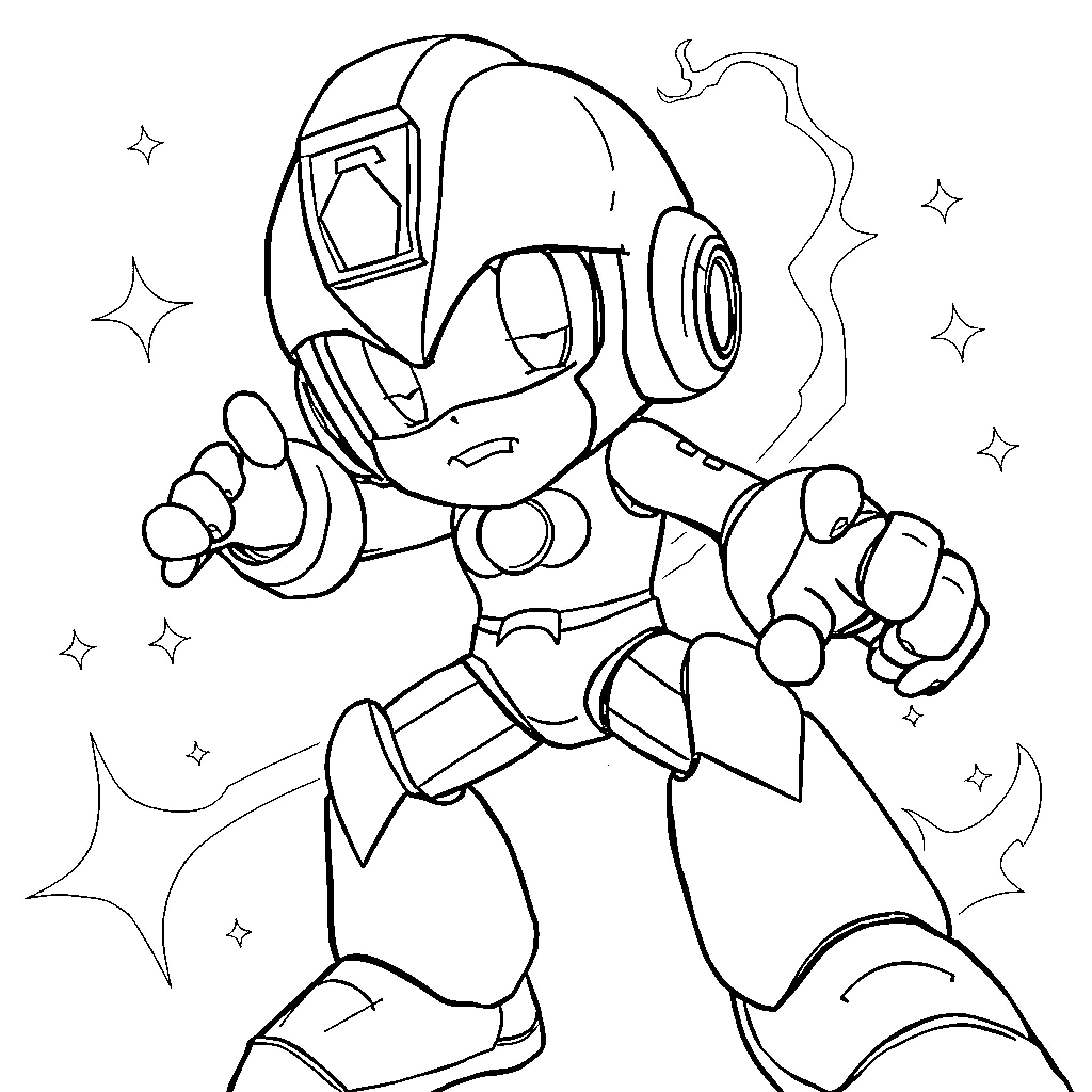 Megaman charging up his blaster with determination Coloring Page (free black-and-white line drawing printable PDF for all, from beginners to advanced learners, including children, teens, adults, and seniors)