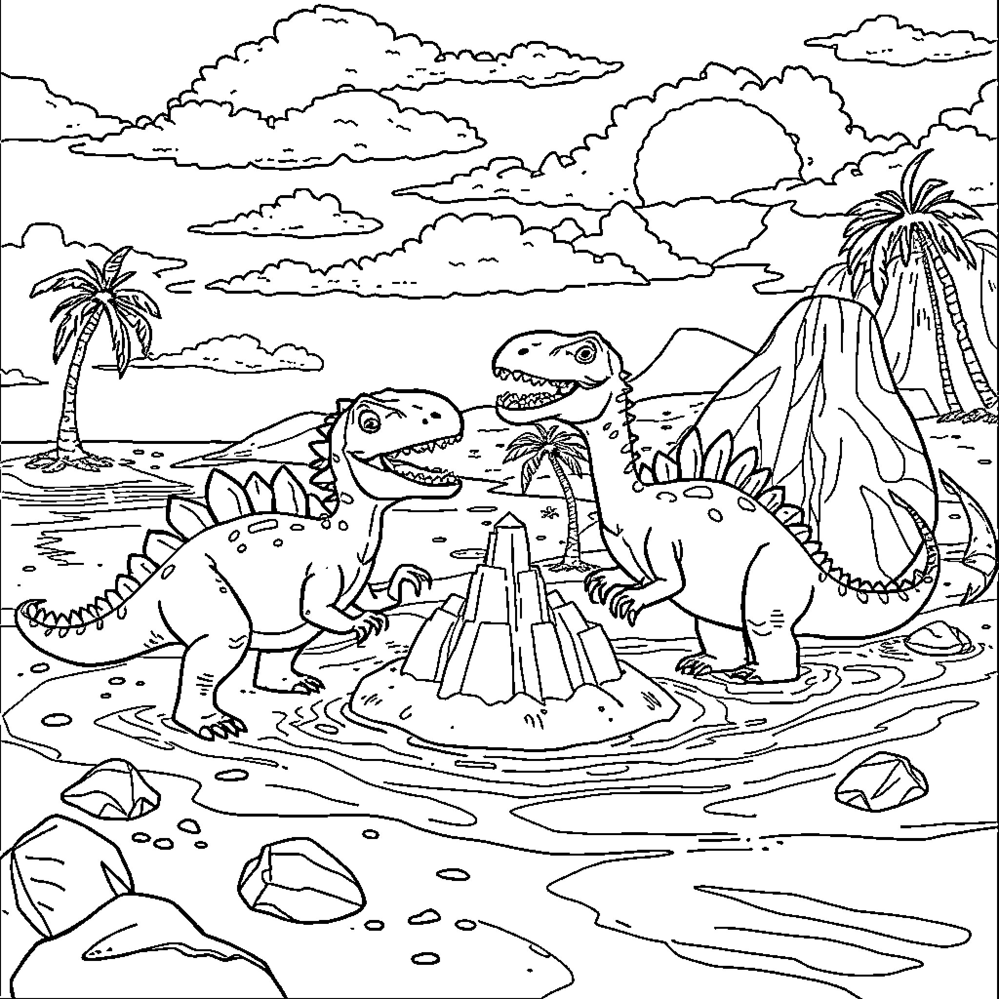 Dinosaur family playing on a tropical beach Coloring Page (free black-and-white line drawing printable PDF for all, from beginners to advanced learners, including children, teens, adults, and seniors)