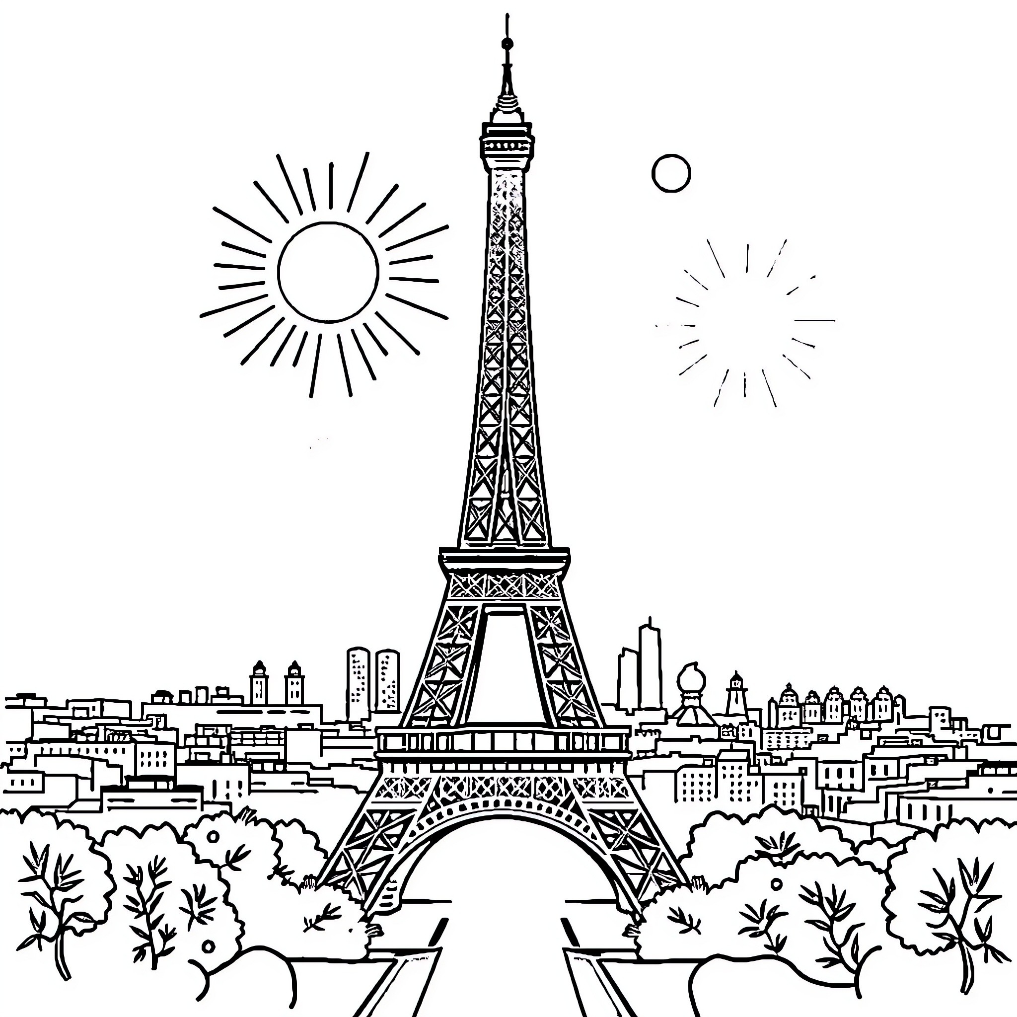 Eiffel Tower in scenic Parisian landscape Coloring Page (free black-and-white line drawing printable PDF for all, from beginners to advanced learners, including children, teens, adults, and seniors)