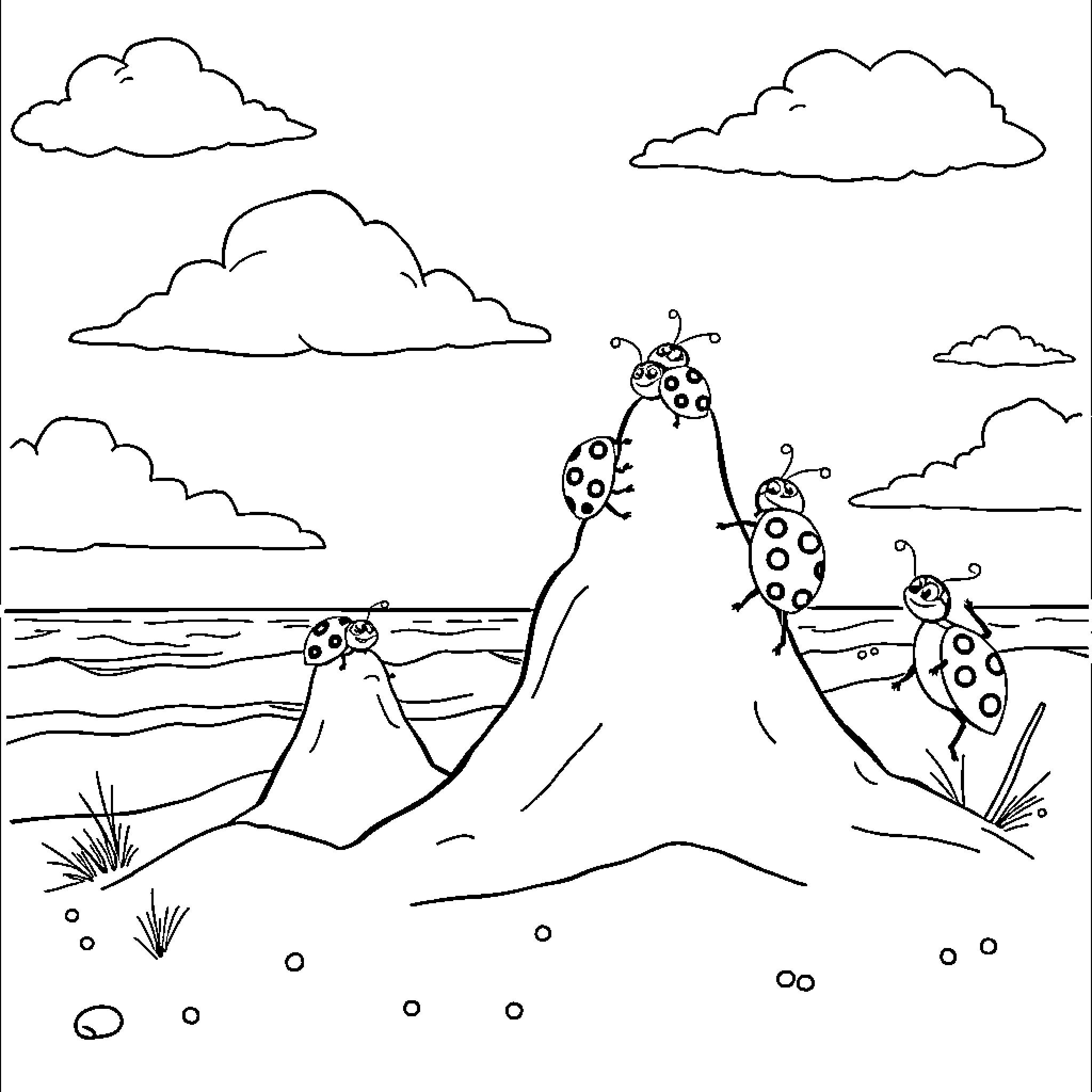 Ladybug exploring the scenic landscape Coloring Page (free black-and-white line drawing printable PDF for all, from beginners to advanced learners, including children, teens, adults, and seniors)