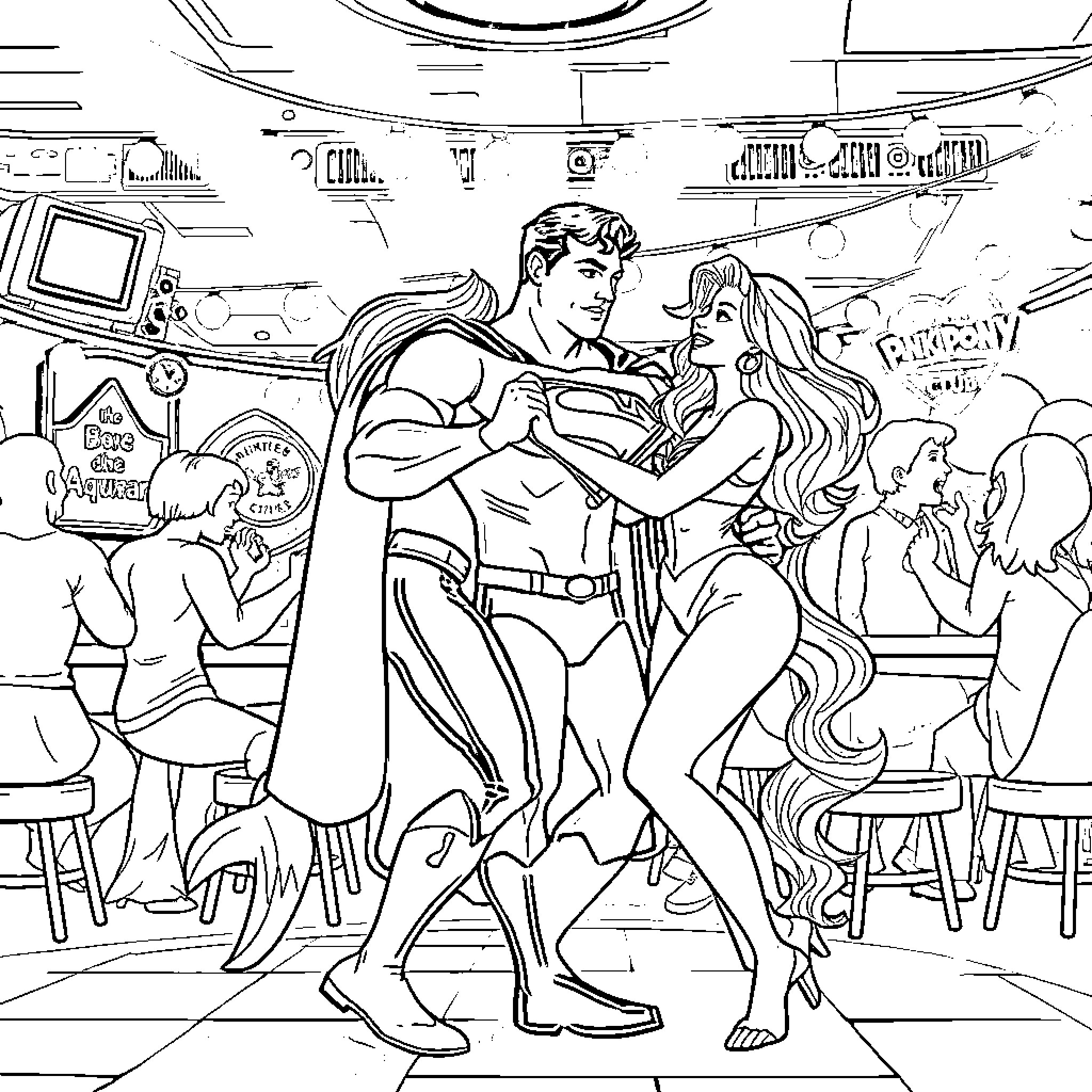 Aquaman and Mera dancing in a futuristic setting Coloring Page (free black-and-white line drawing printable PDF for all, from beginners to advanced learners, including children, teens, adults, and seniors)
