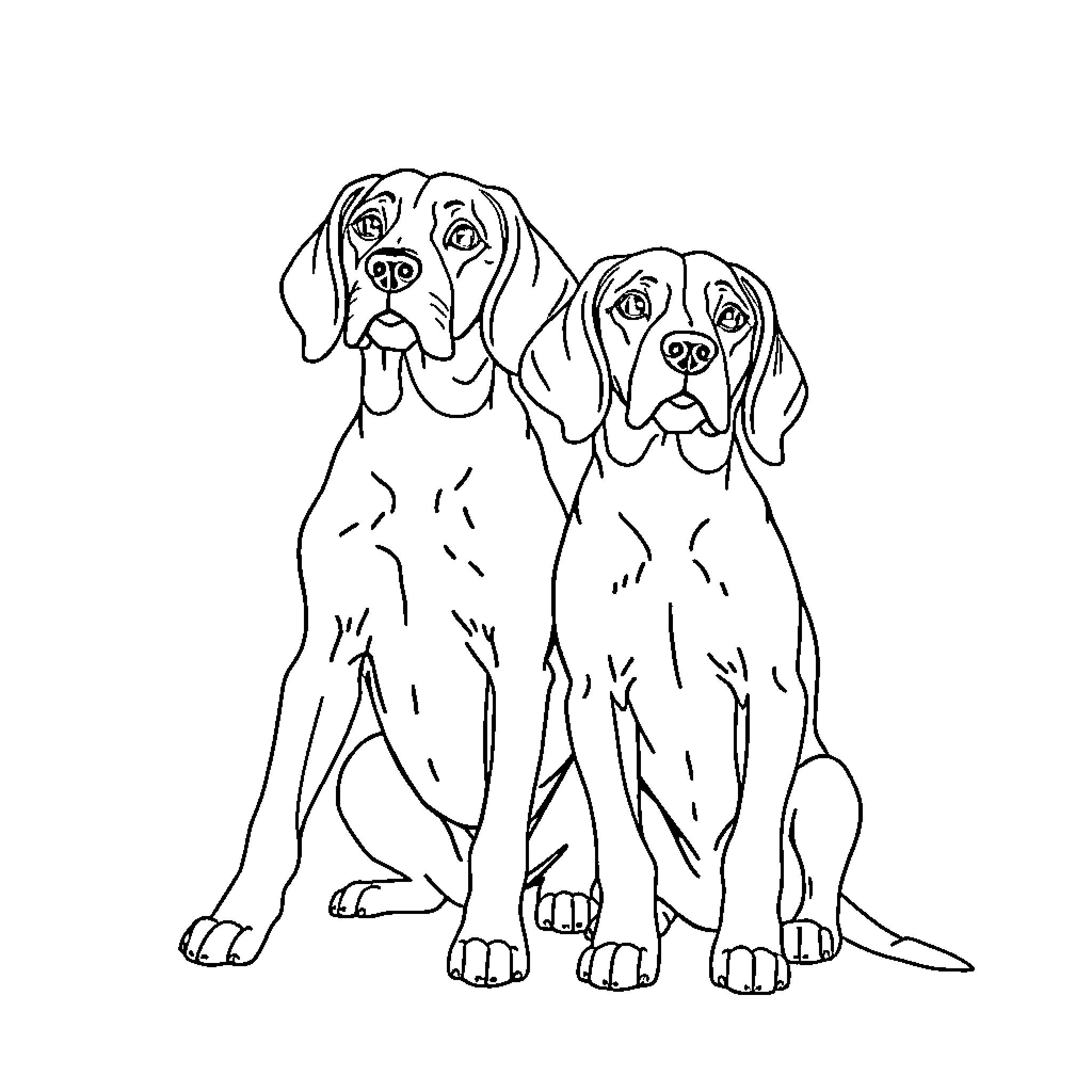 Beagles sitting together in a line Coloring Page (free black-and-white line drawing printable PDF for all, from beginners to advanced learners, including children, teens, adults, and seniors)