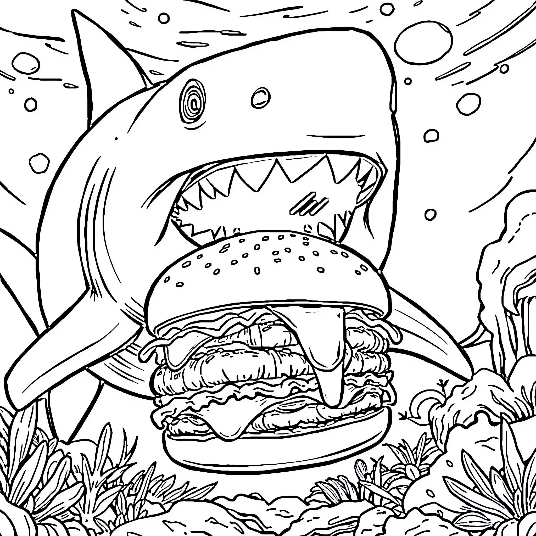 Shark eating an underwater burger Coloring Page (free black-and-white line drawing printable PDF for all, from beginners to advanced learners, including children, teens, adults, and seniors)