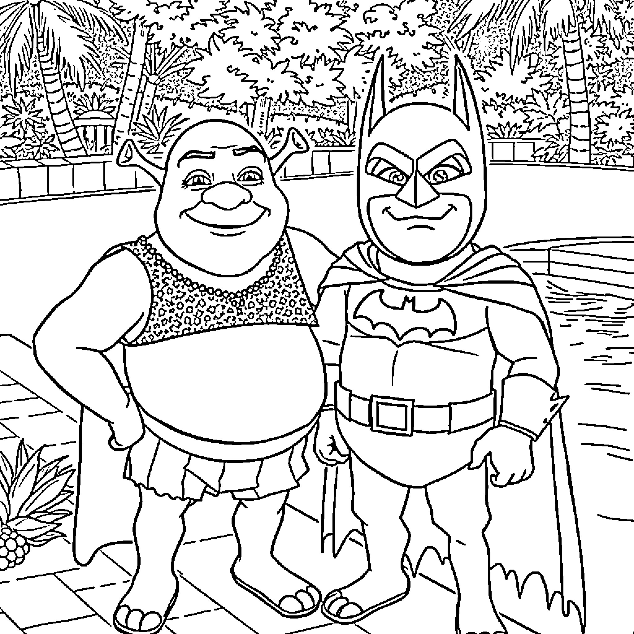 Shrek and Batman in Tropical Landscape Coloring Page (free black-and-white line drawing printable PDF for all, from beginners to advanced learners, including children, teens, adults, and seniors)