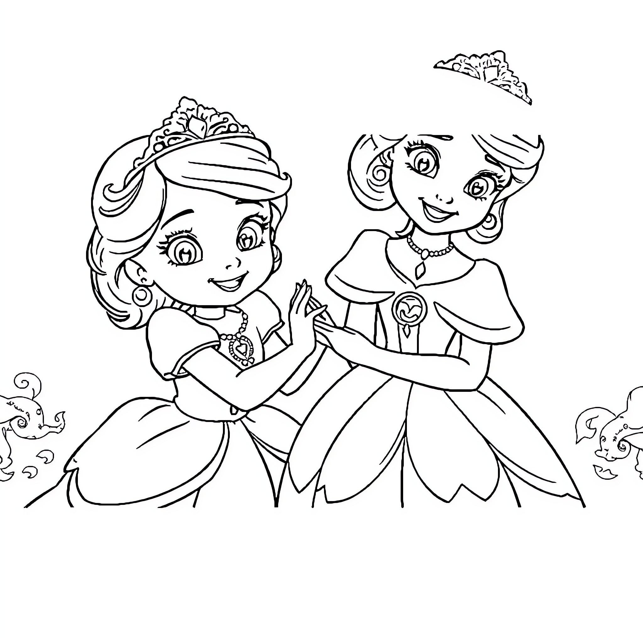Sofia and her friend enjoying a dress-up party Coloring Page (free black-and-white line drawing printable PDF for all, from beginners to advanced learners, including children, teens, adults, and seniors)
