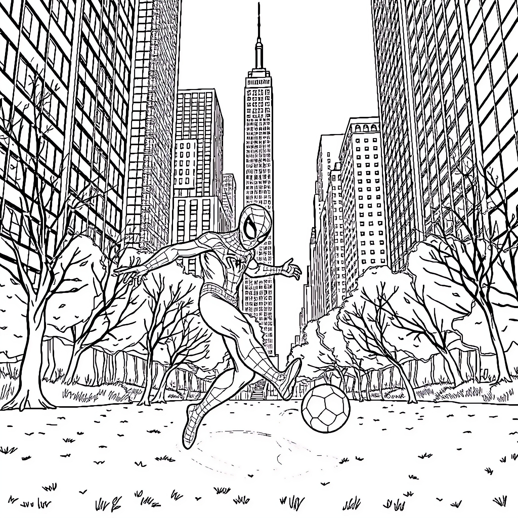 Spiderman swinging through the city streets Coloring Page (free black-and-white line drawing printable PDF for all, from beginners to advanced learners, including children, teens, adults, and seniors)