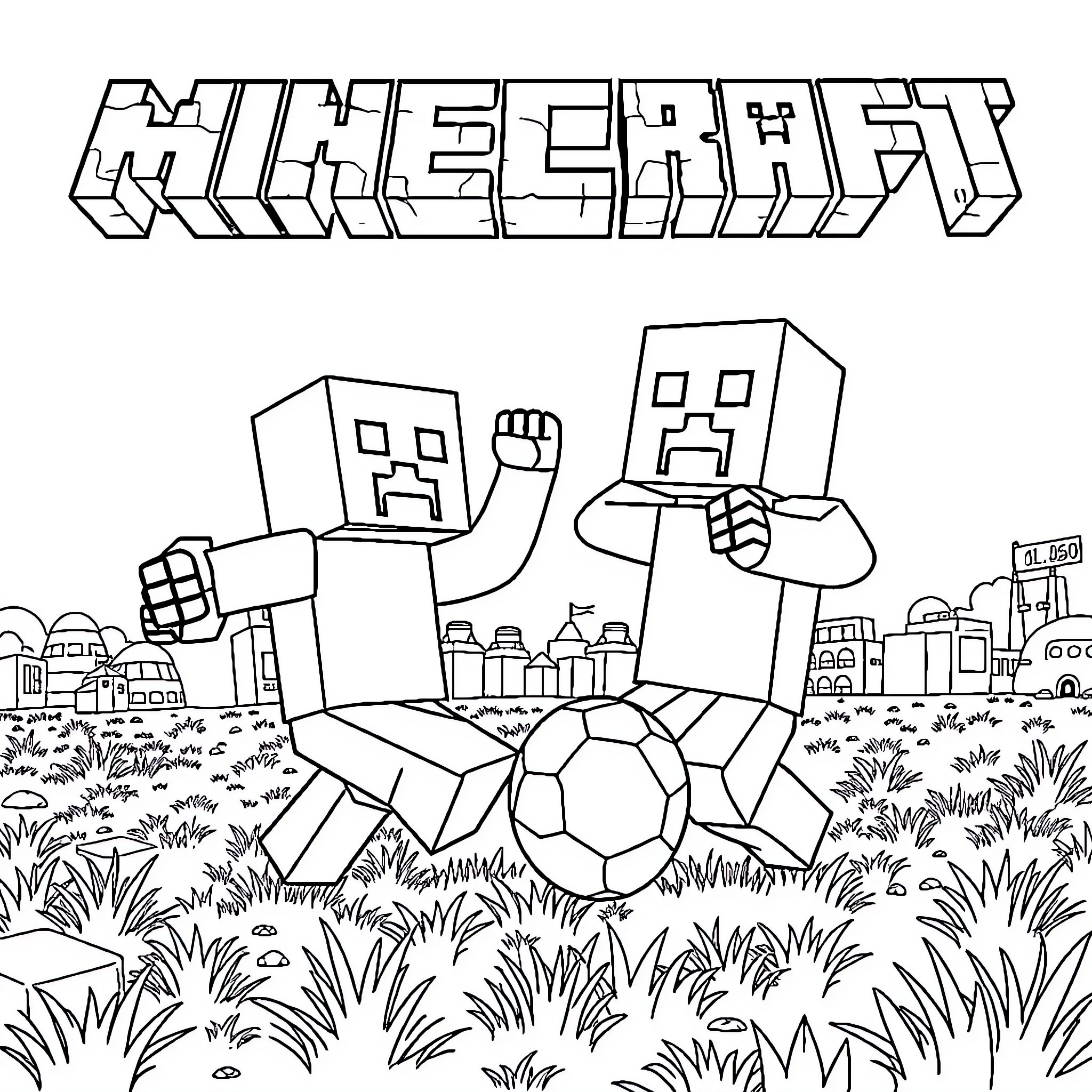 Kreeper characters playing soccer in a grassy landscape Coloring Page (free black-and-white line drawing printable PDF for all, from beginners to advanced learners, including children, teens, adults, and seniors)