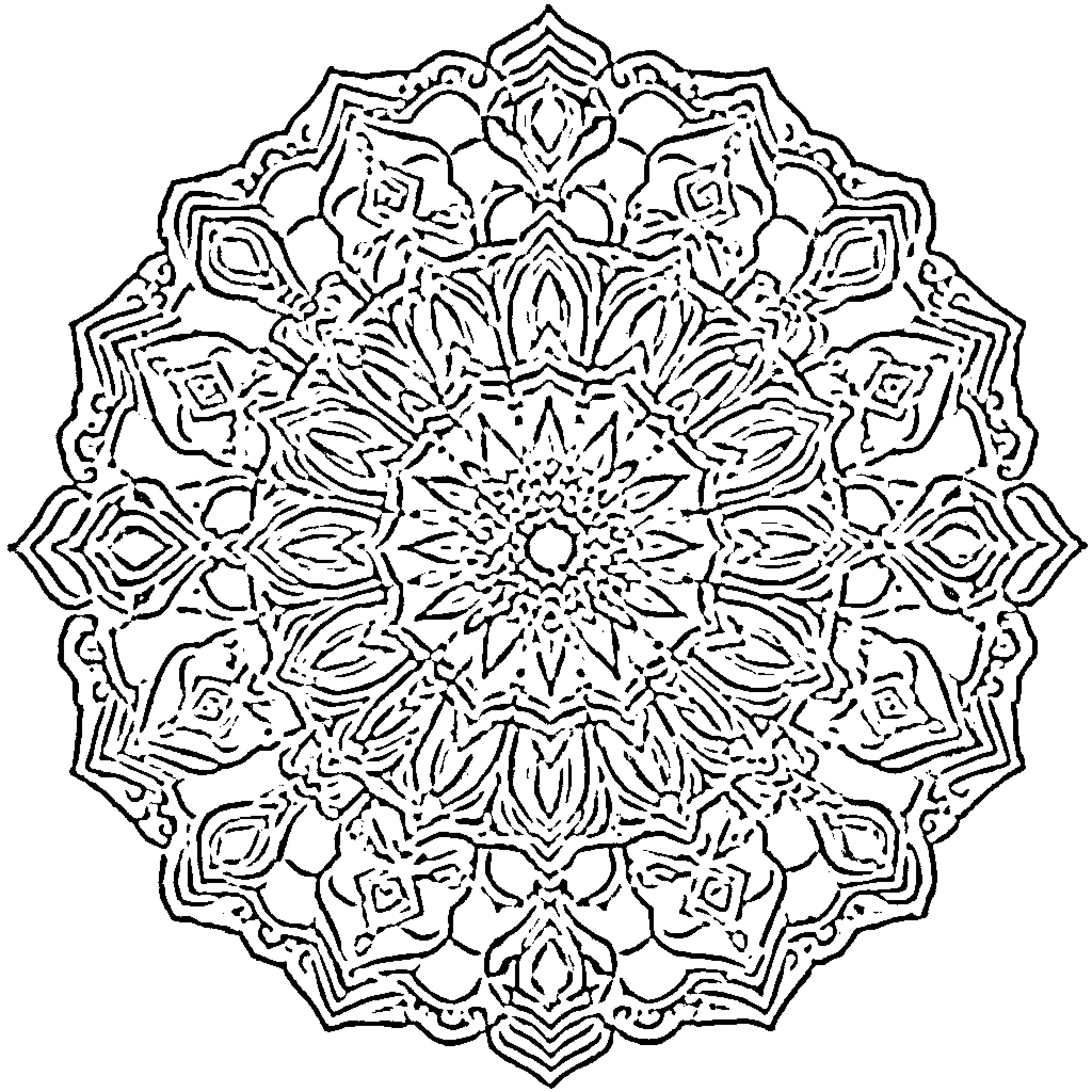 Mandala of intricate floral and geometric patterns Coloring Page (free black-and-white line drawing printable PDF for all, from beginners to advanced learners, including children, teens, adults, and seniors)