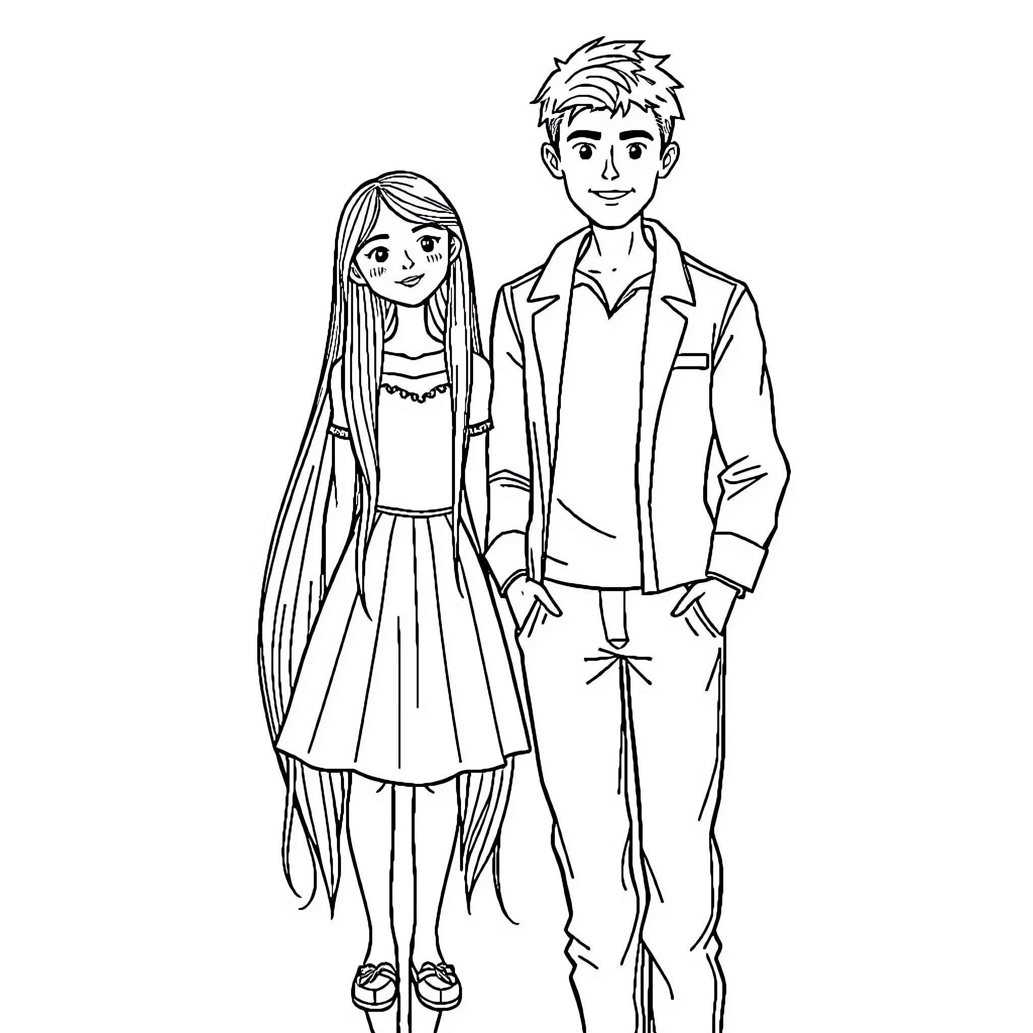 Girl and Boy in Casual Outfits Together Coloring Page (free black-and-white line drawing printable PDF for all, from beginners to advanced learners, including children, teens, adults, and seniors)