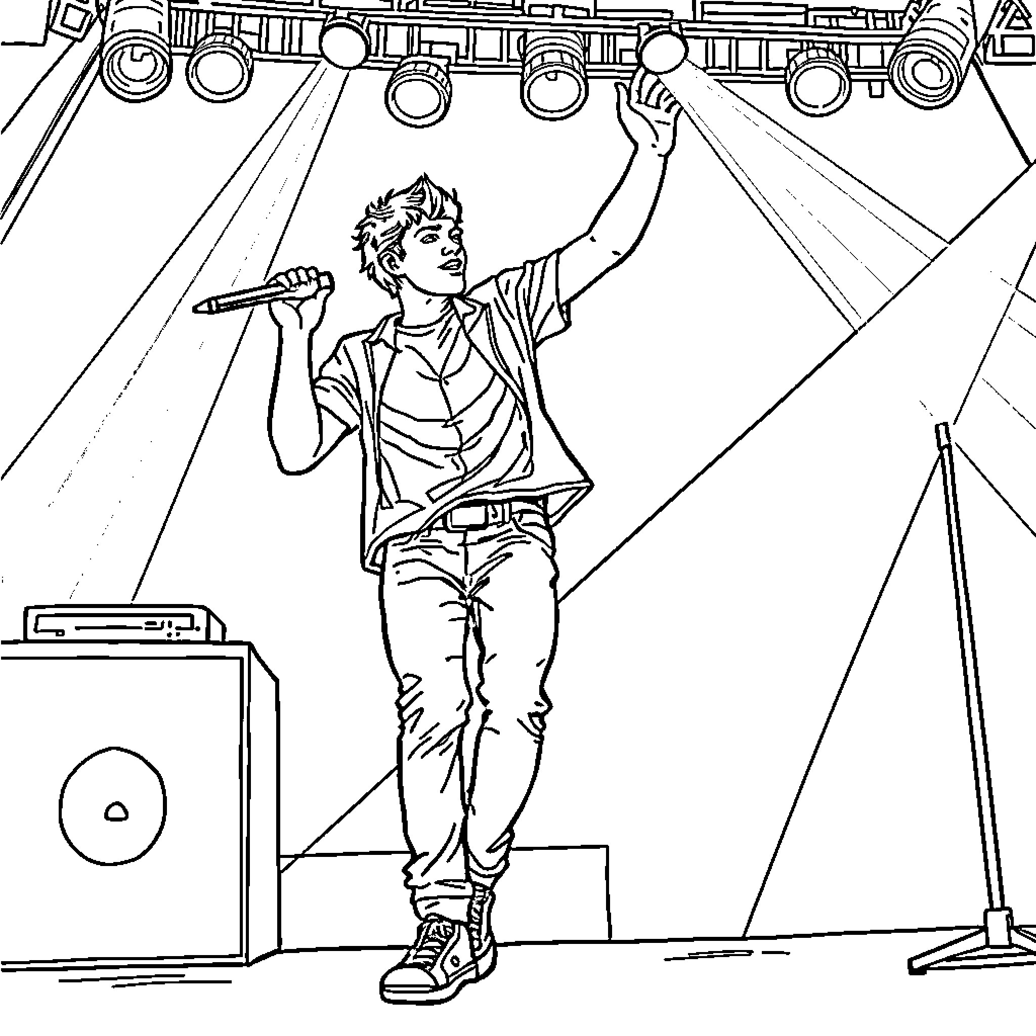 Ned Performing on Stage with Musical Instruments Coloring Page (free black-and-white line drawing printable PDF for all, from beginners to advanced learners, including children, teens, adults, and seniors)