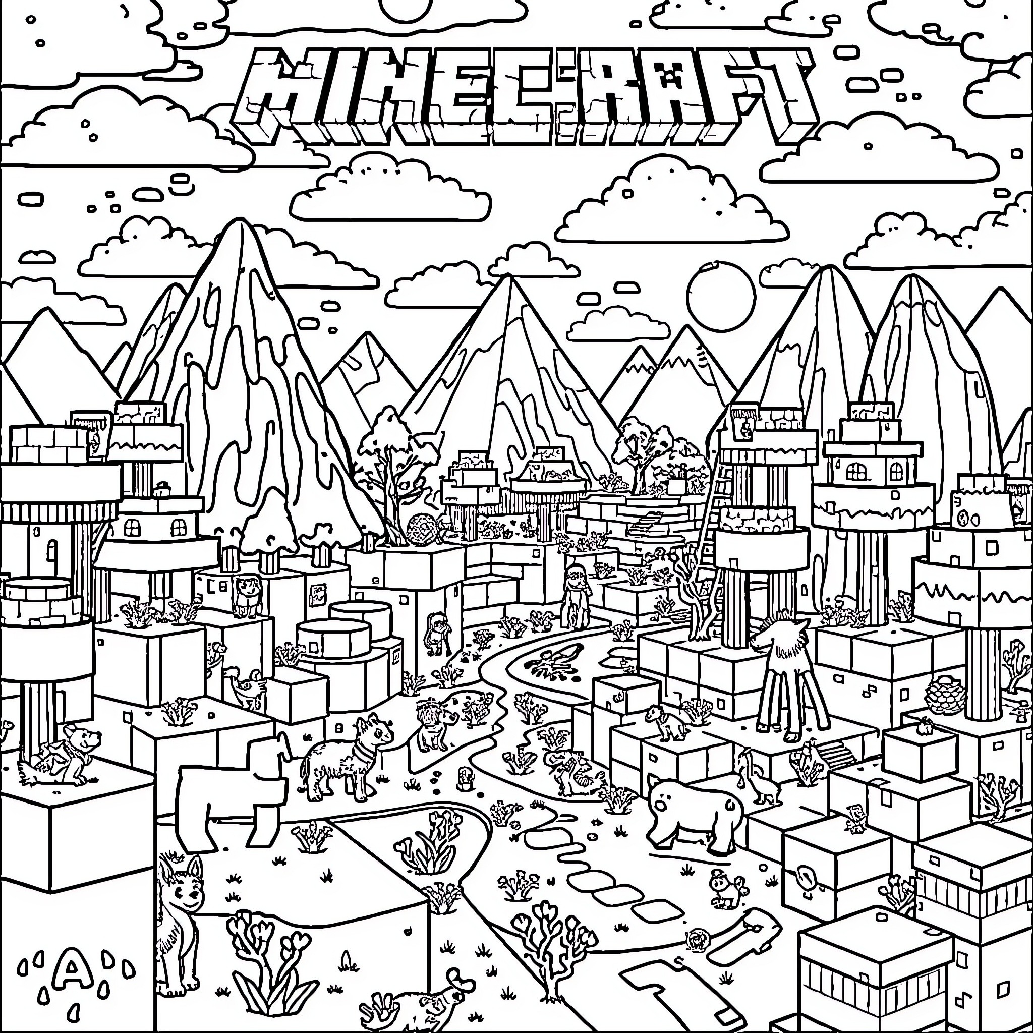 Minecraft characters exploring a scenic landscape Coloring Page (free black-and-white line drawing printable PDF for all, from beginners to advanced learners, including children, teens, adults, and seniors)