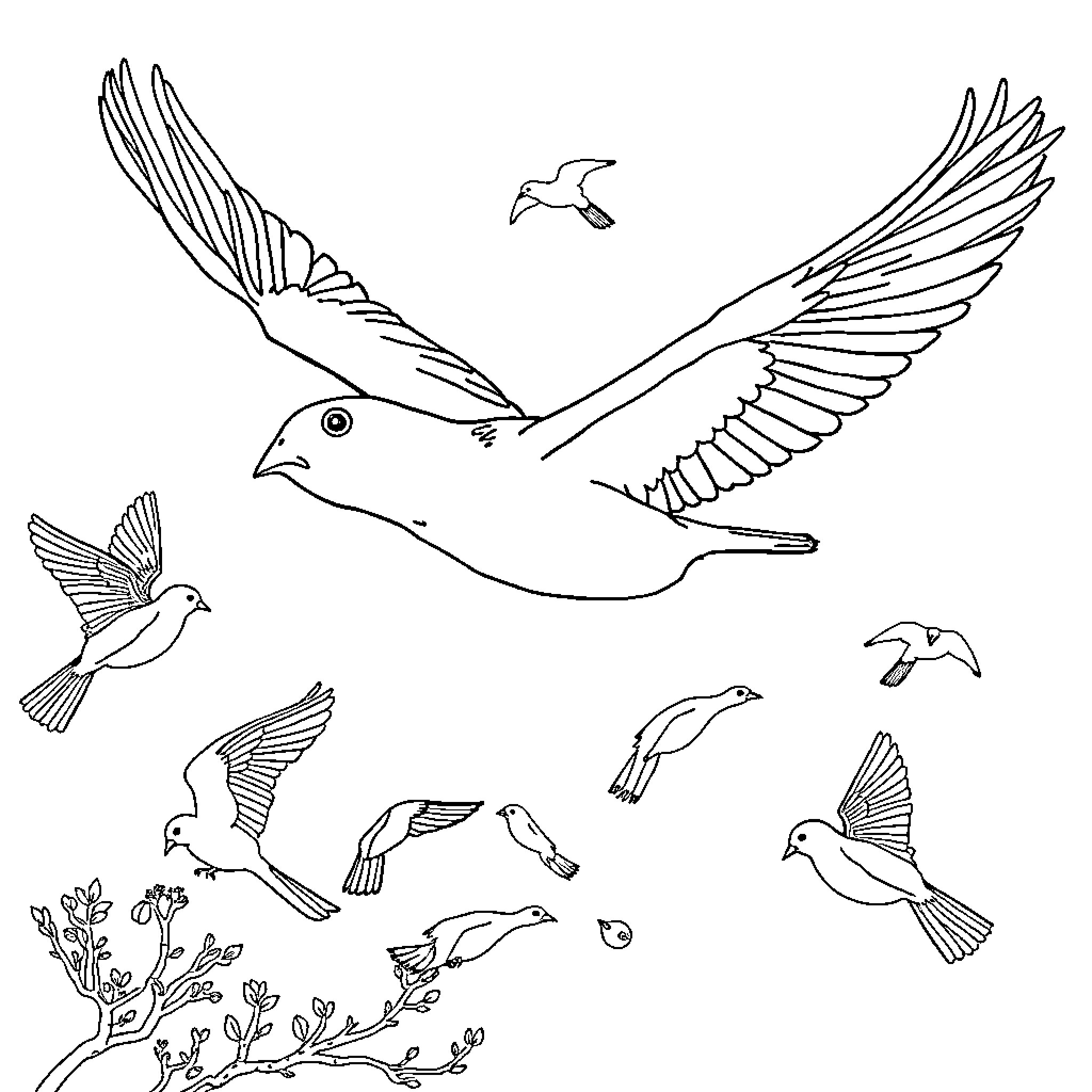 Capybara birds flying in the sky Coloring Page (free black-and-white line drawing printable PDF for all, from beginners to advanced learners, including children, teens, adults, and seniors)