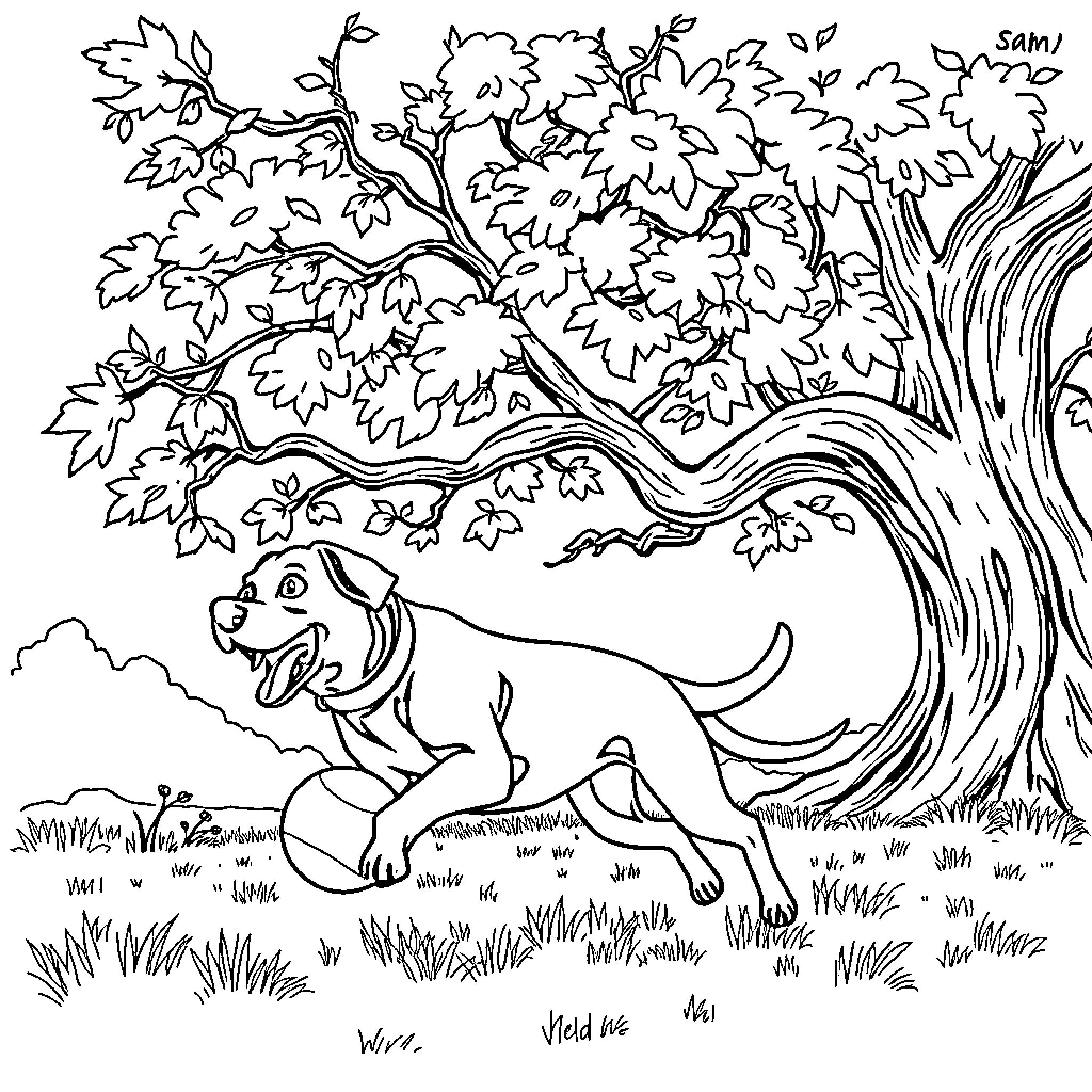 Lab Dog Relaxing Under Shady Tree Coloring Page (free black-and-white line drawing printable PDF for all, from beginners to advanced learners, including children, teens, adults, and seniors)