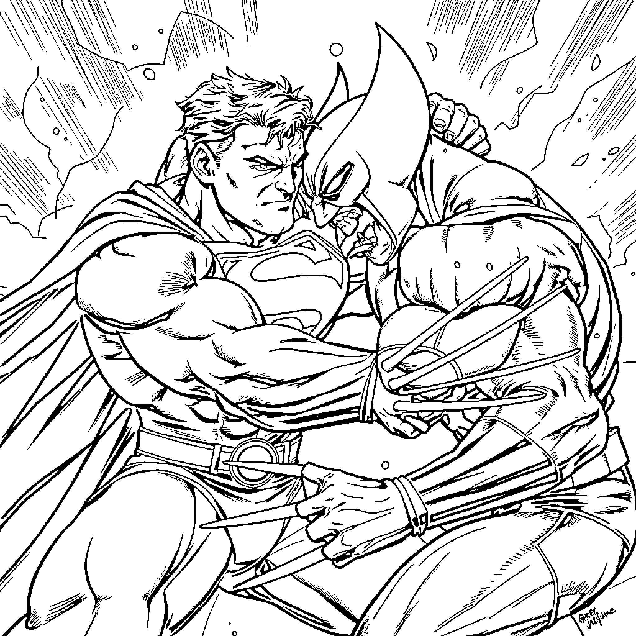 Superman battling with a fierce adversary Coloring Page (free black-and-white line drawing printable PDF for all, from beginners to advanced learners, including children, teens, adults, and seniors)