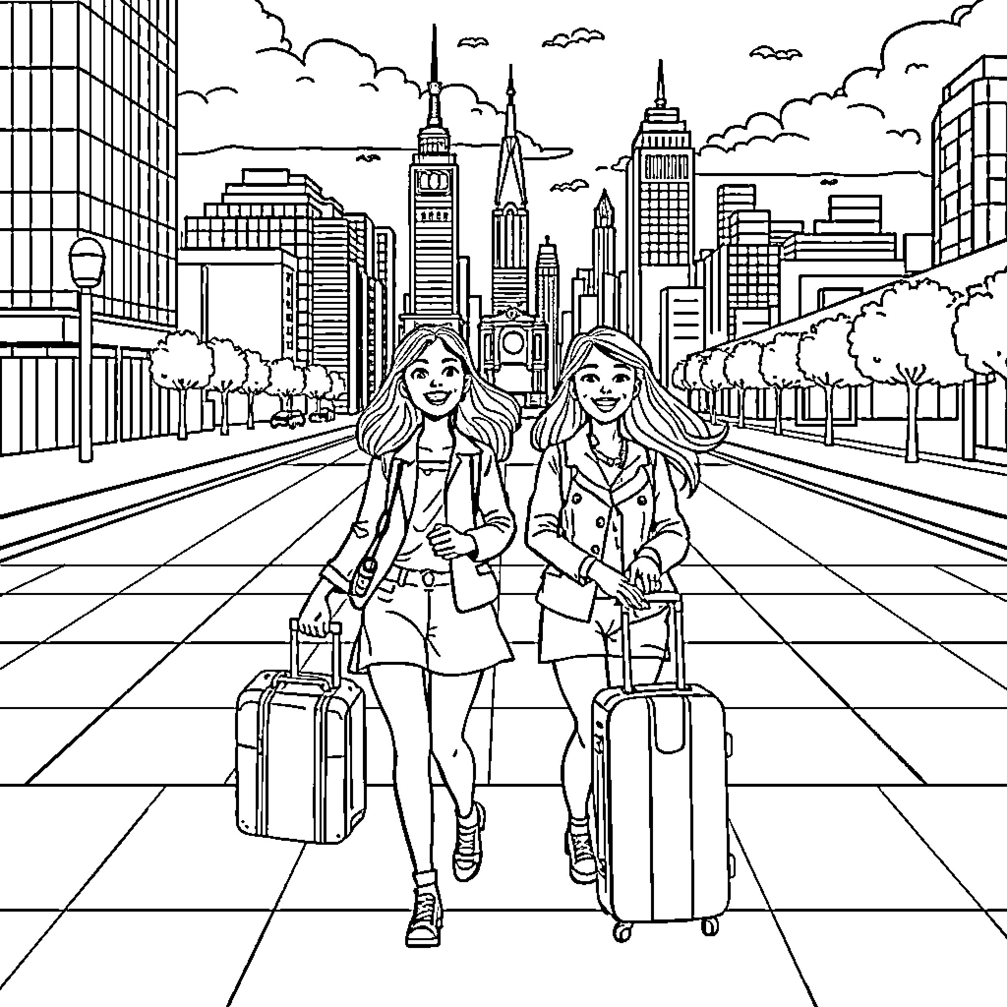 Sister Travelers Exploring the City with Luggage Coloring Page (free black-and-white line drawing printable PDF for all, from beginners to advanced learners, including children, teens, adults, and seniors)