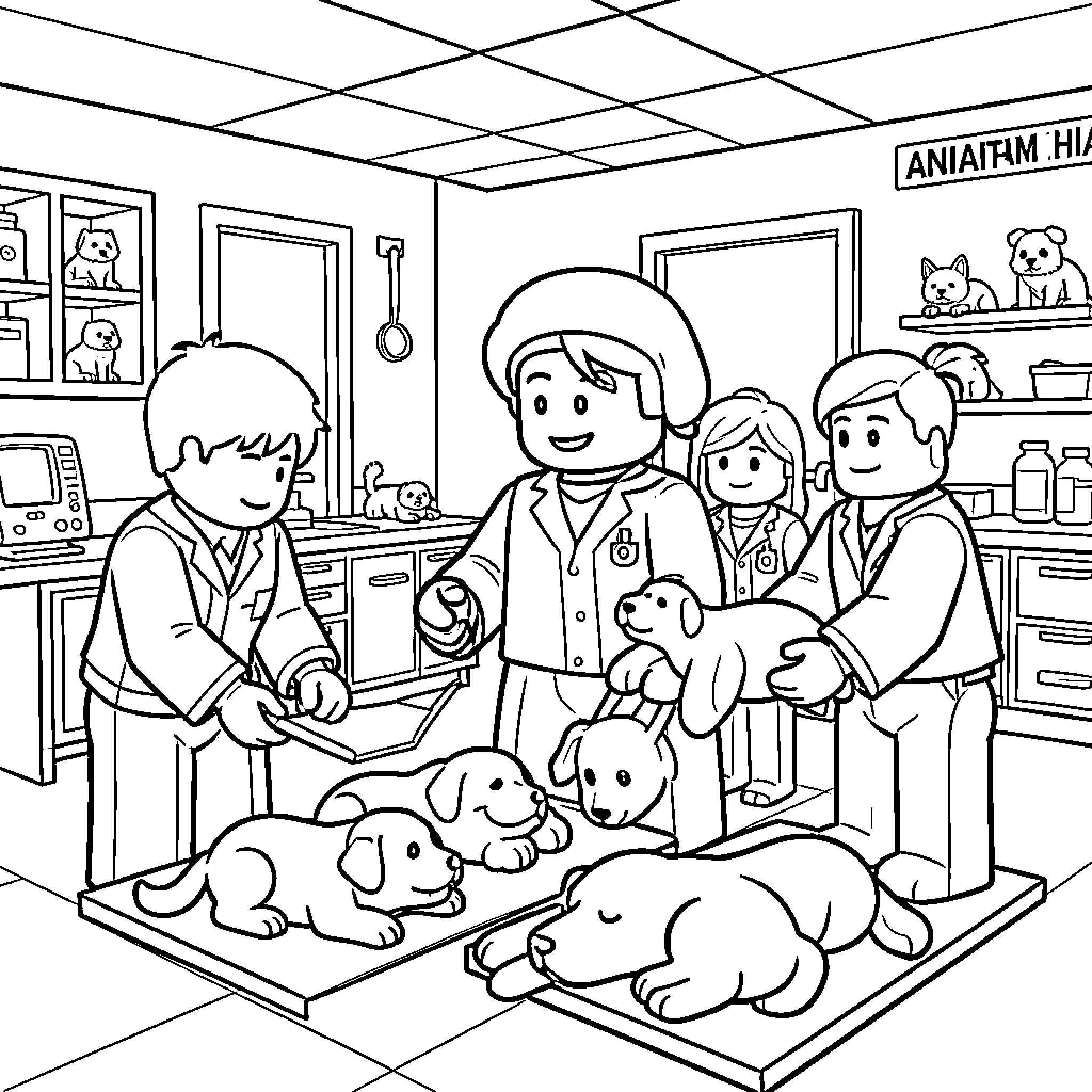 Interns caring for puppies in a veterinary clinic Coloring Page (free black-and-white line drawing printable PDF for all, from beginners to advanced learners, including children, teens, adults, and seniors)