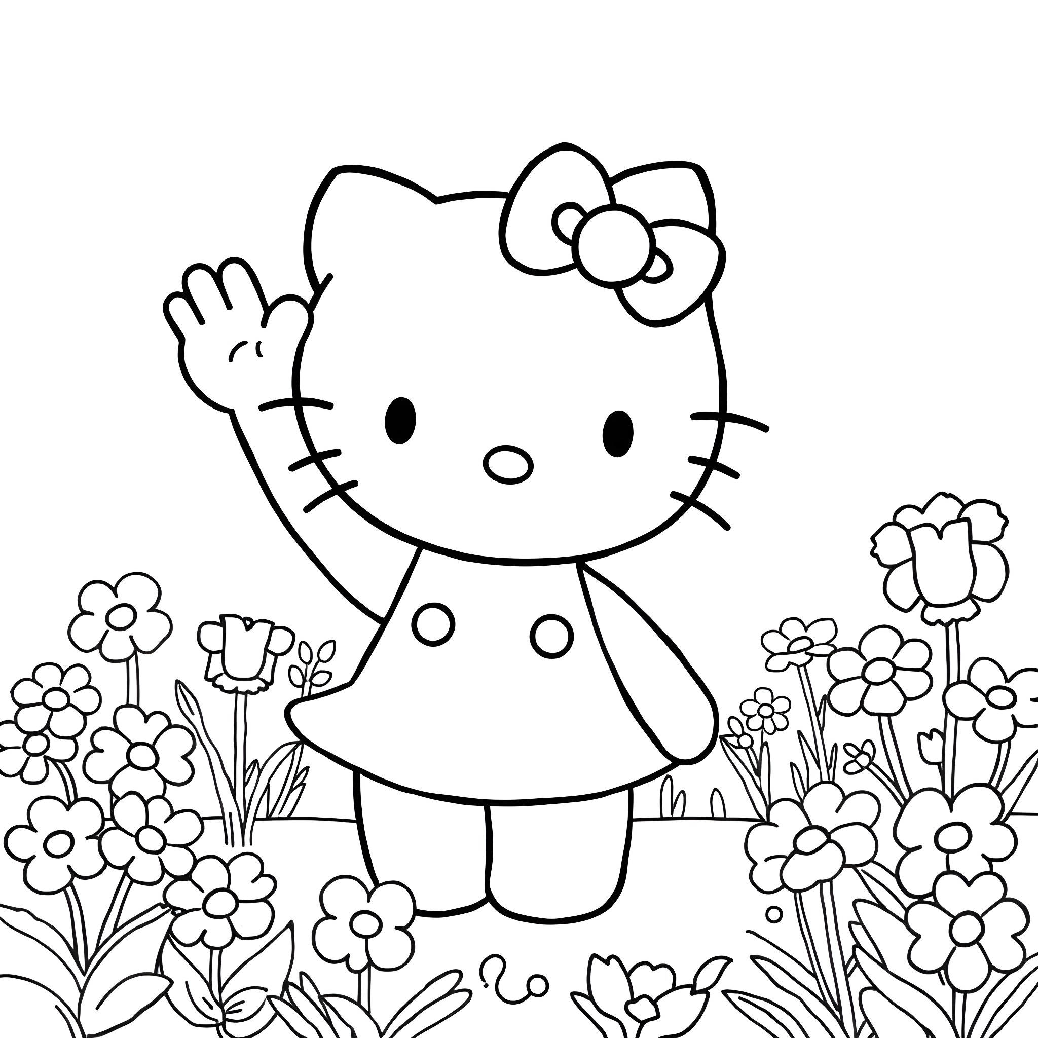 Hello Kitty playing happily in a flowery meadow Coloring Page (free black-and-white line drawing printable PDF for all, from beginners to advanced learners, including children, teens, adults, and seniors)