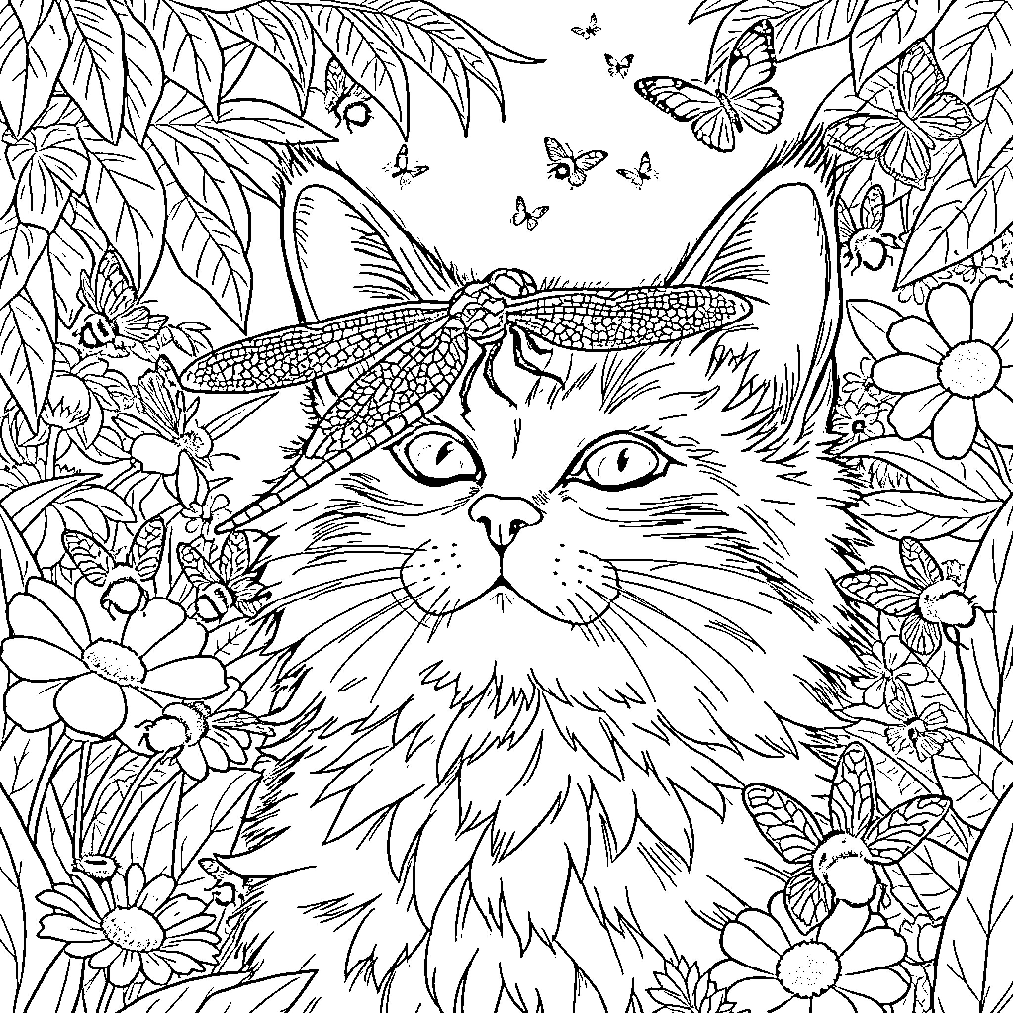 Dragonfly and Butterflies Amongst Flowers Coloring Page (free black-and-white line drawing printable PDF for all, from beginners to advanced learners, including children, teens, adults, and seniors)
