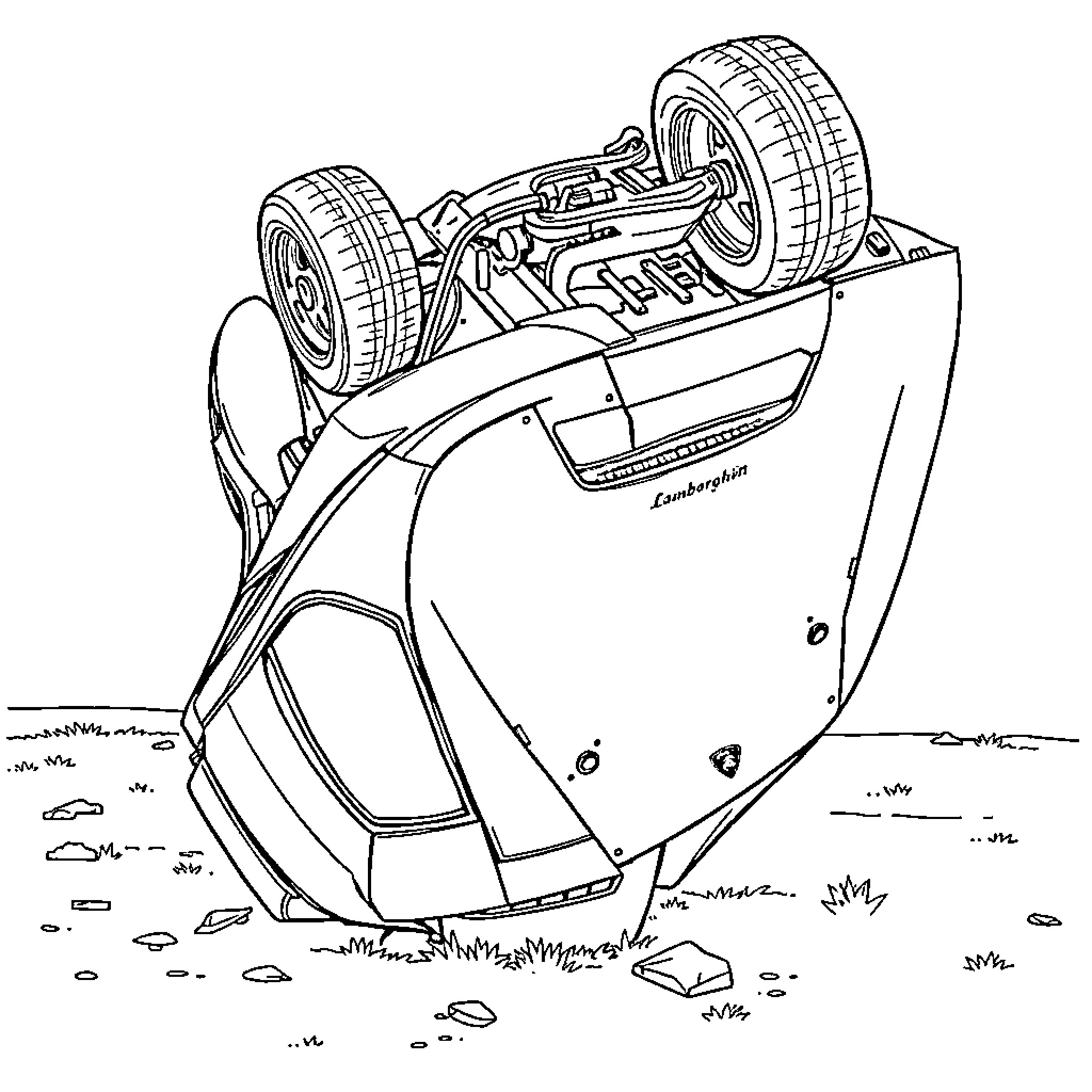 Lamborghini overturned in rural setting Coloring Page (free black-and-white line drawing printable PDF for all, from beginners to advanced learners, including children, teens, adults, and seniors)