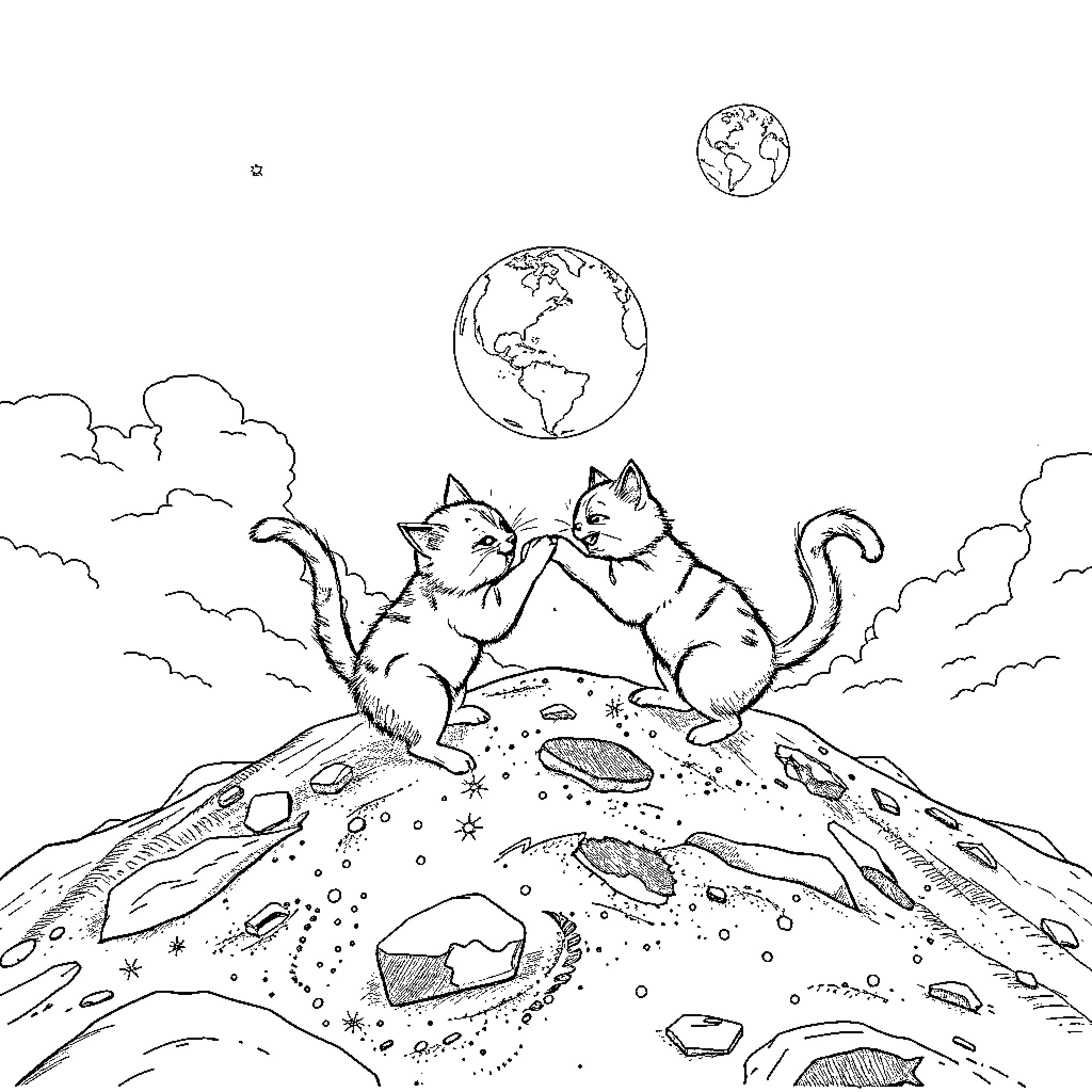Cats exploring the celestial world Coloring Page (free black-and-white line drawing printable PDF for all, from beginners to advanced learners, including children, teens, adults, and seniors)