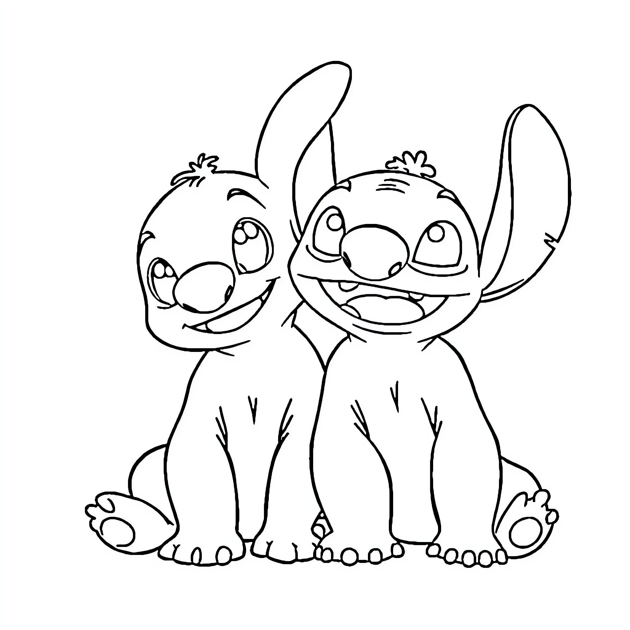 Bluey and Stitch Sitting Happily Together Coloring Page (free black-and-white line drawing printable PDF for all, from beginners to advanced learners, including children, teens, adults, and seniors)