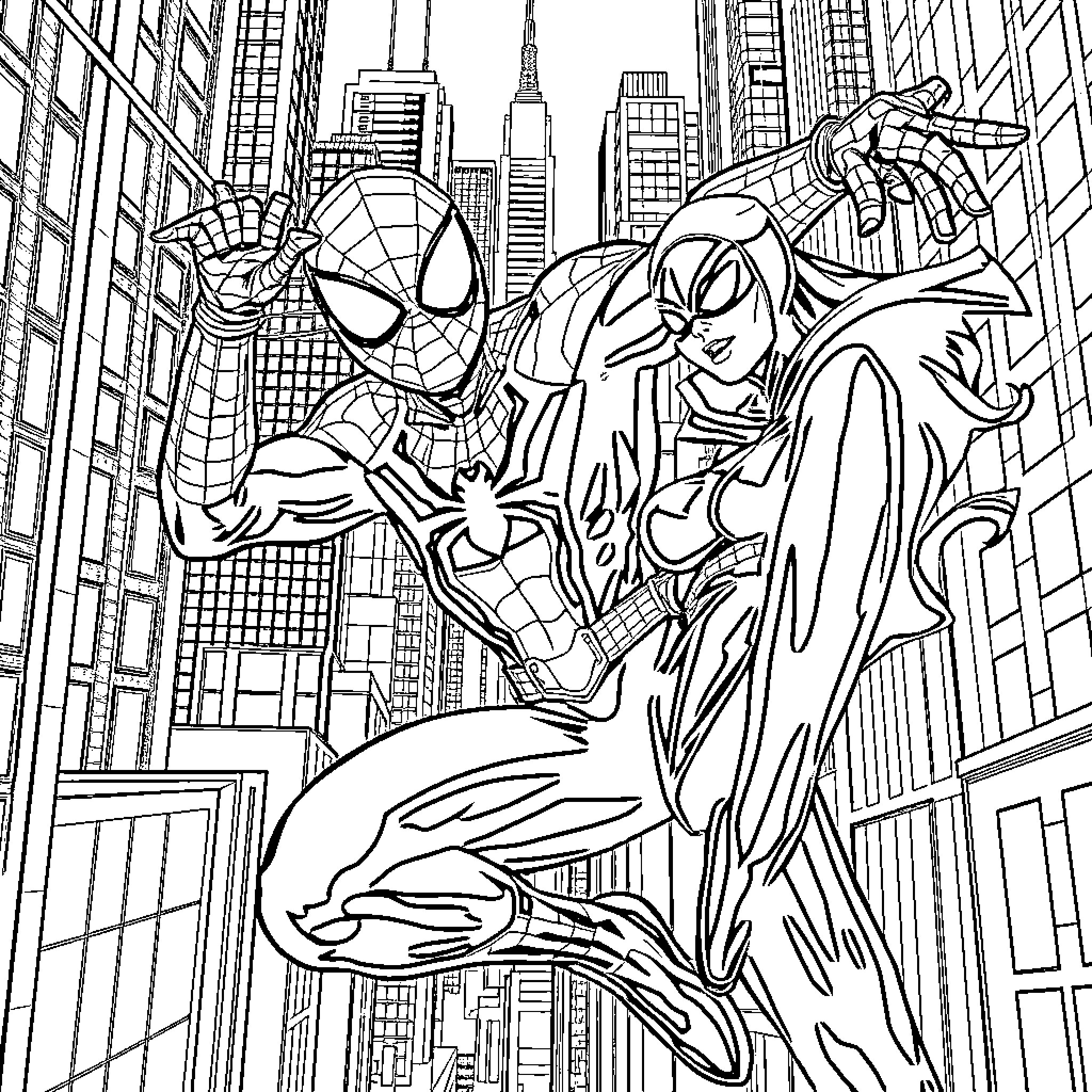 Spiderman swinging through the city skyline Coloring Page (free black-and-white line drawing printable PDF for all, from beginners to advanced learners, including children, teens, adults, and seniors)
