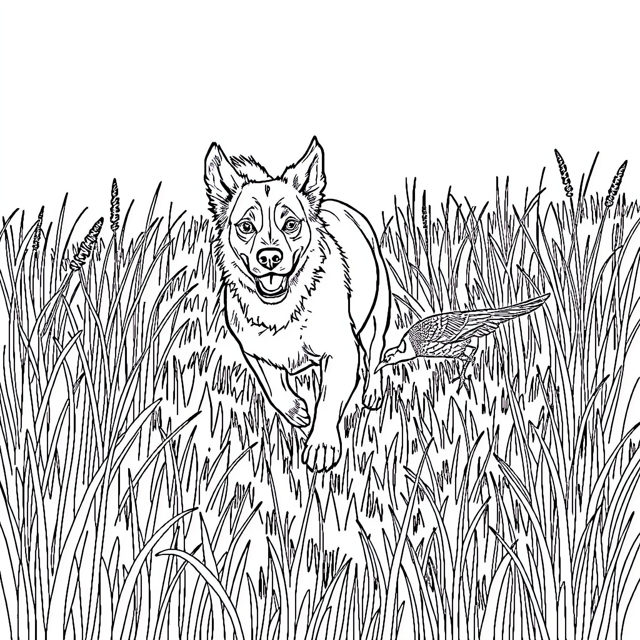 Dog Playfully Exploring Tall Grass Coloring Page (free black-and-white line drawing printable PDF for all, from beginners to advanced learners, including children, teens, adults, and seniors)