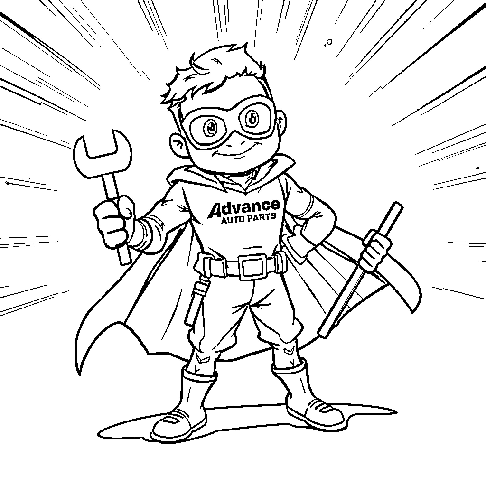 Superhero Mechanic Saving the Day with Tools Coloring Page (free black-and-white line drawing printable PDF for all, from beginners to advanced learners, including children, teens, adults, and seniors)