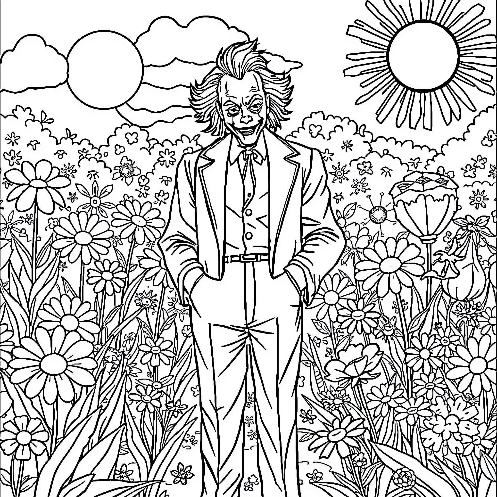 Michael Myers in a Floral Garden Setting Coloring Page (free black-and-white line drawing printable PDF for all, from beginners to advanced learners, including children, teens, adults, and seniors)