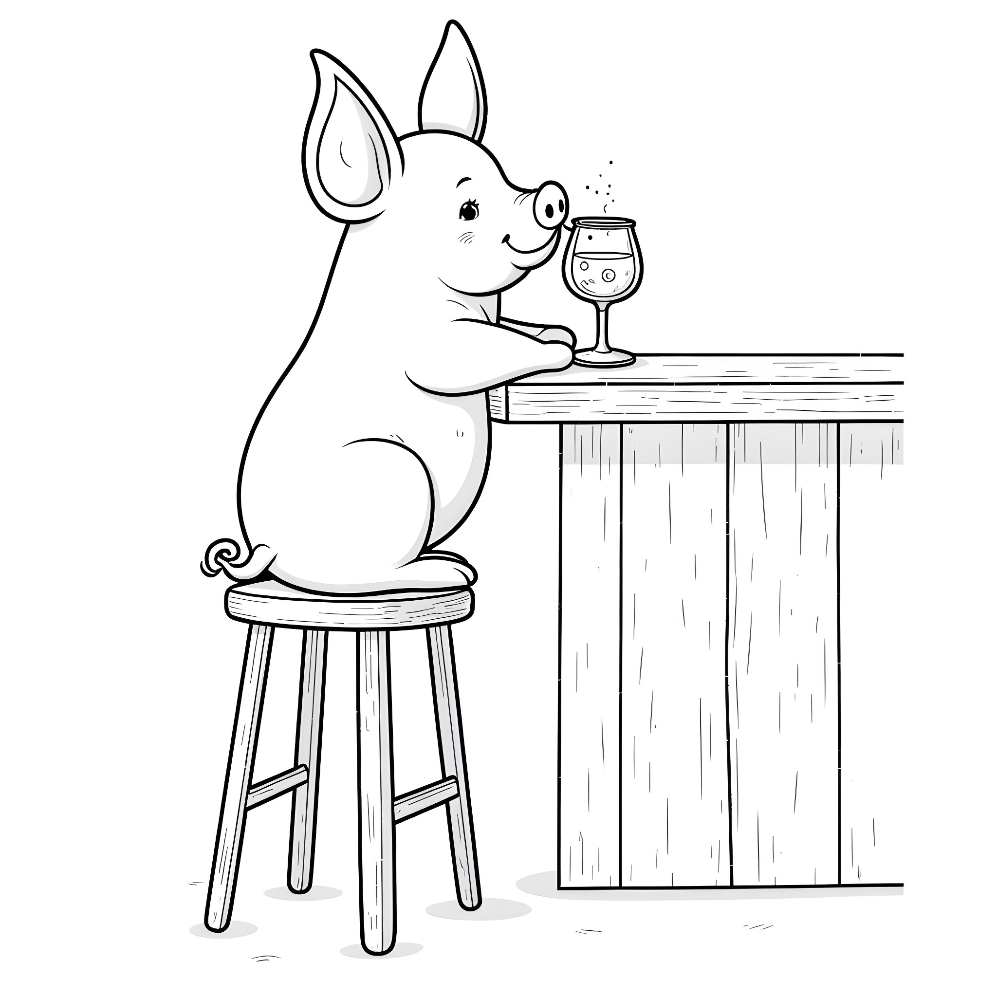 Pig enjoying a glass of wine at the bar Coloring Page (free black-and-white line drawing printable PDF for all, from beginners to advanced learners, including children, teens, adults, and seniors)