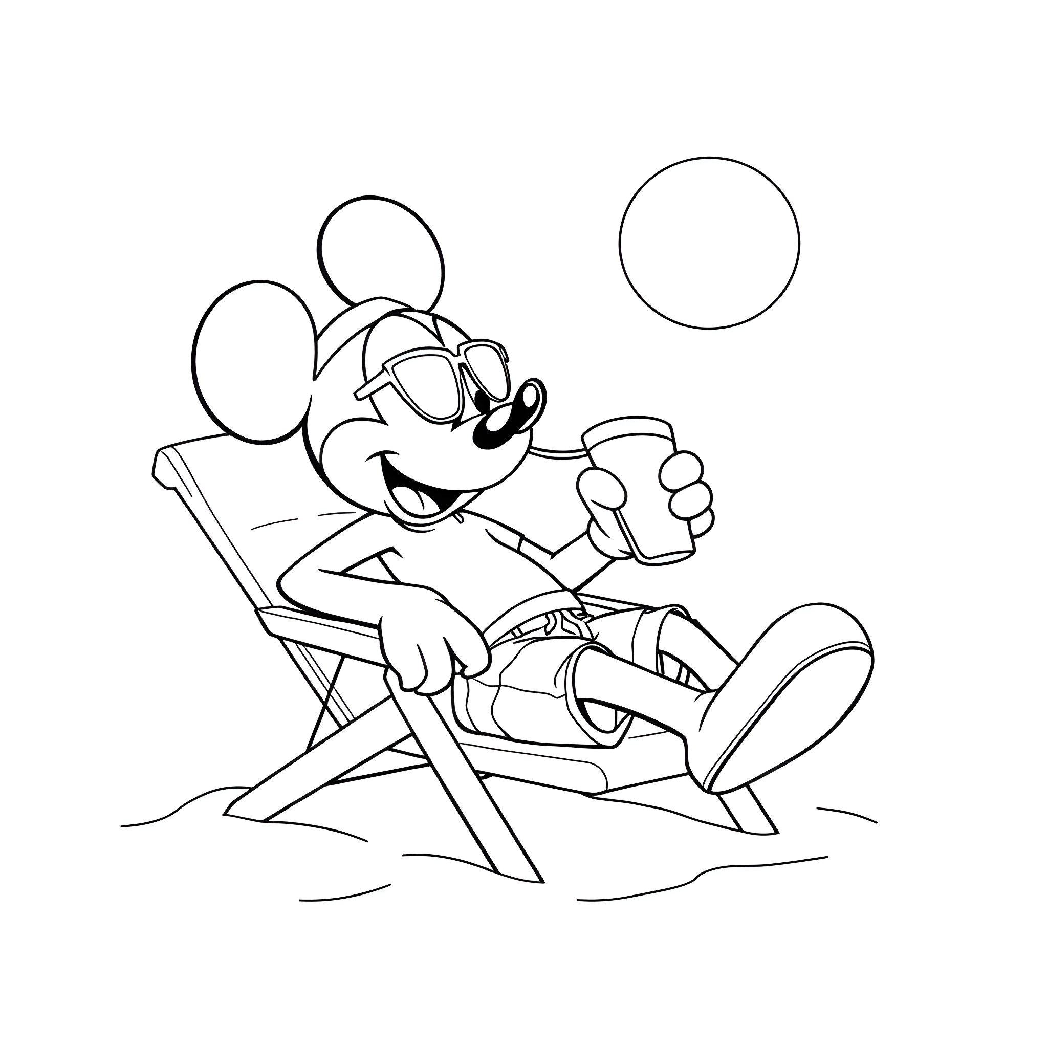 Mickey Mouse relaxing on a beach chair Coloring Page (free black-and-white line drawing printable PDF for all, from beginners to advanced learners, including children, teens, adults, and seniors)