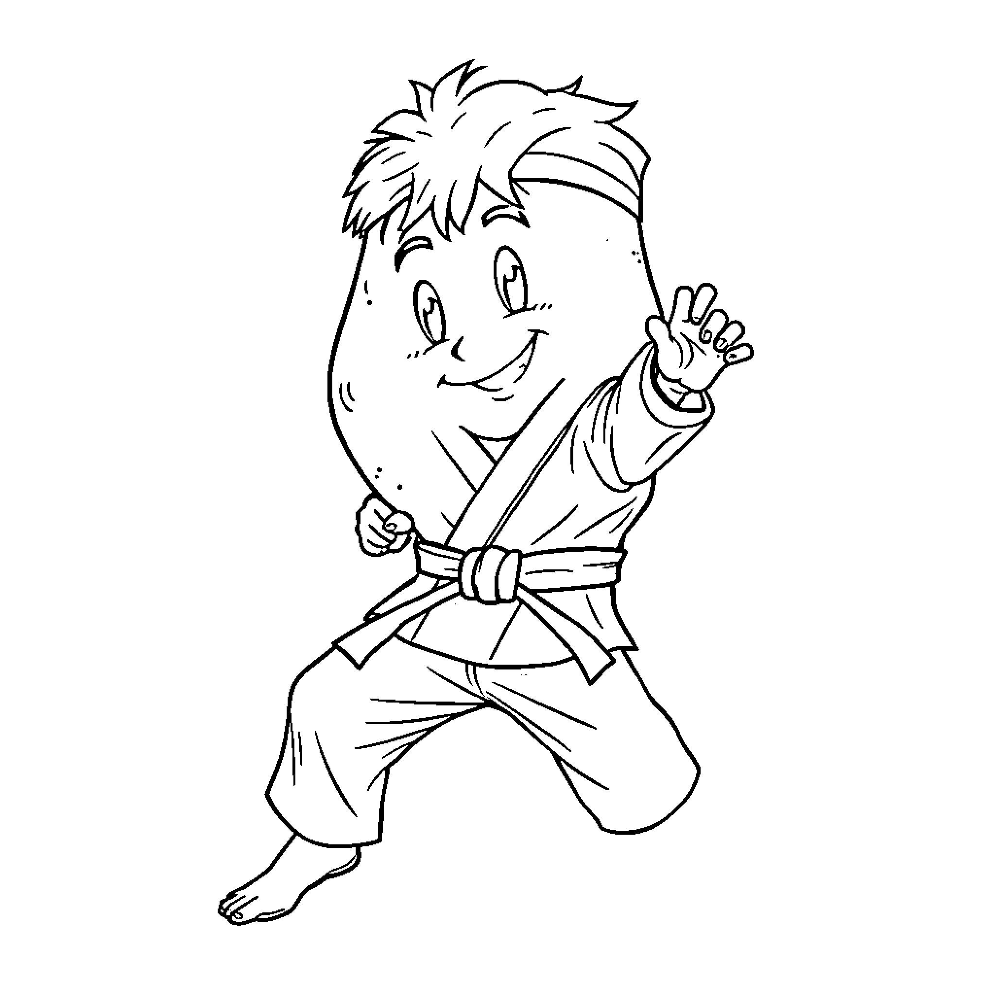 Potato karate kid in action Coloring Page (free black-and-white line drawing printable PDF for all, from beginners to advanced learners, including children, teens, adults, and seniors)