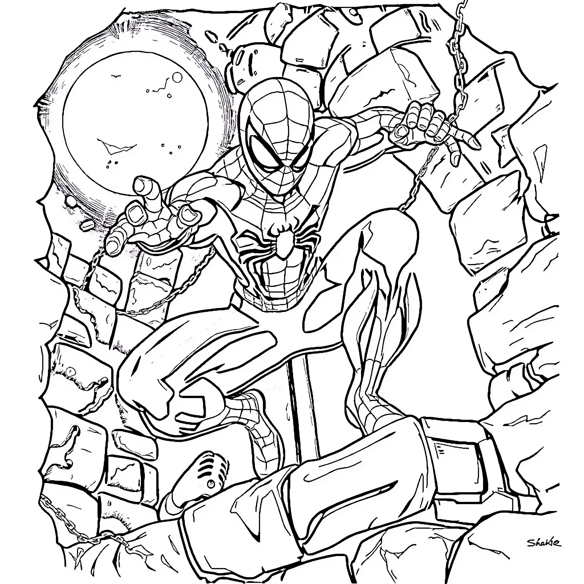 Spiderman swinging through a collapsing city Coloring Page (free black-and-white line drawing printable PDF for all, from beginners to advanced learners, including children, teens, adults, and seniors)
