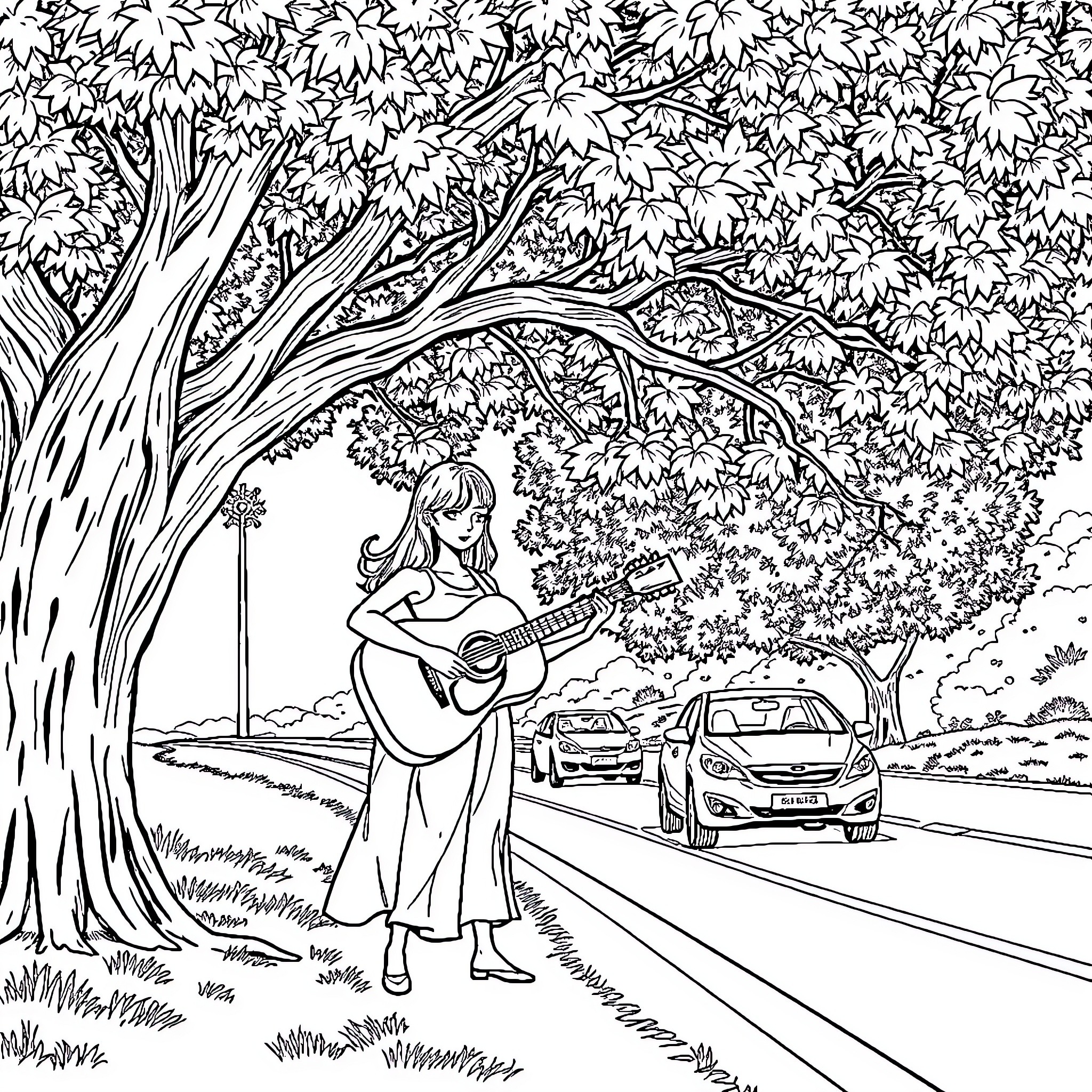 Vaïna playing guitar on a quiet street Coloring Page (free black-and-white line drawing printable PDF for all, from beginners to advanced learners, including children, teens, adults, and seniors)