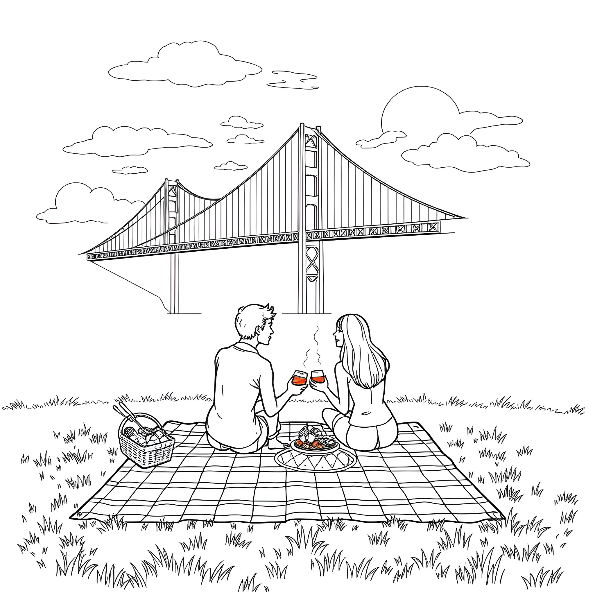 Couple enjoying a picnic by the bridge Coloring Page (free black-and-white line drawing printable PDF for all, from beginners to advanced learners, including children, teens, adults, and seniors)