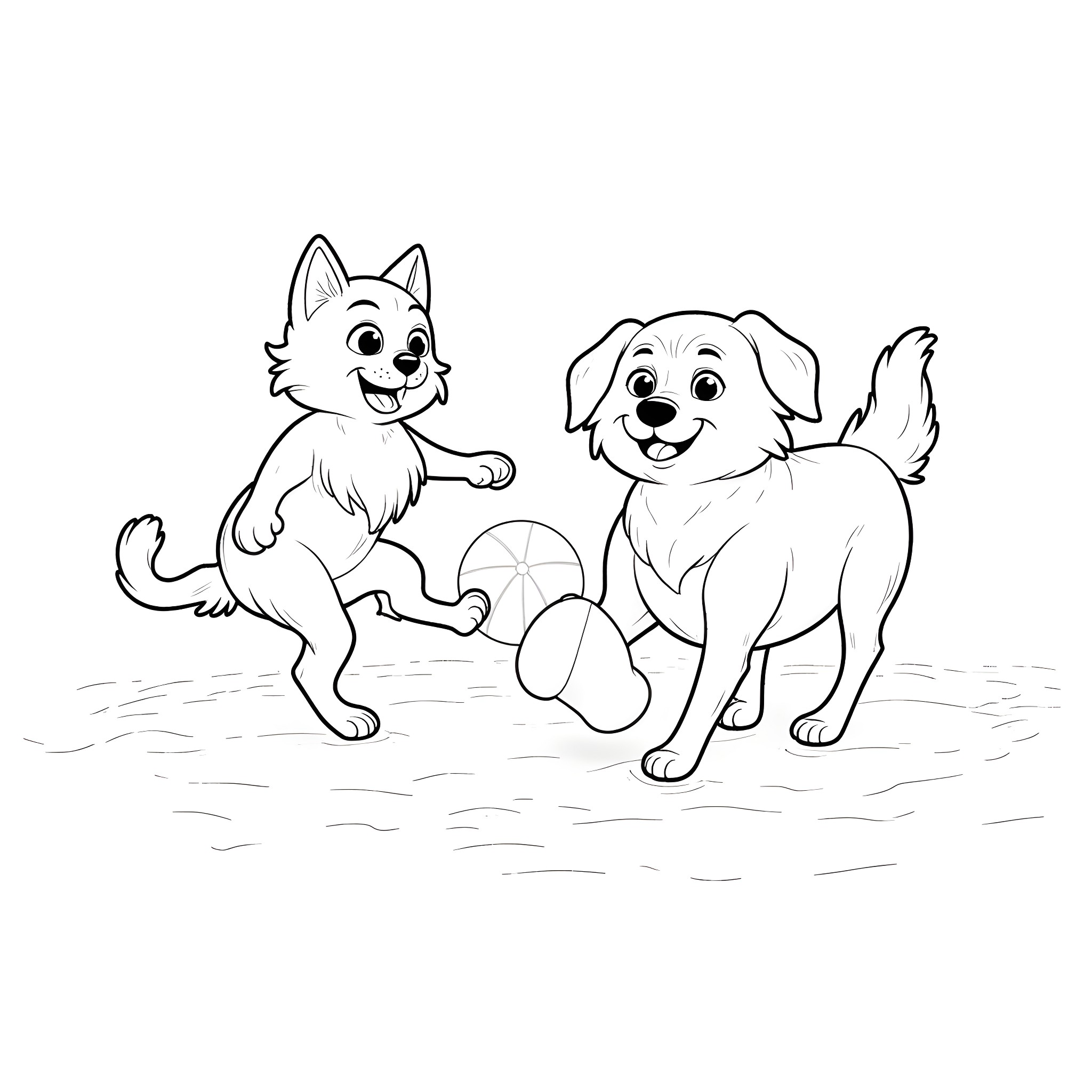 Cats playing with a ball Coloring Page (free black-and-white line drawing printable PDF for all, from beginners to advanced learners, including children, teens, adults, and seniors)