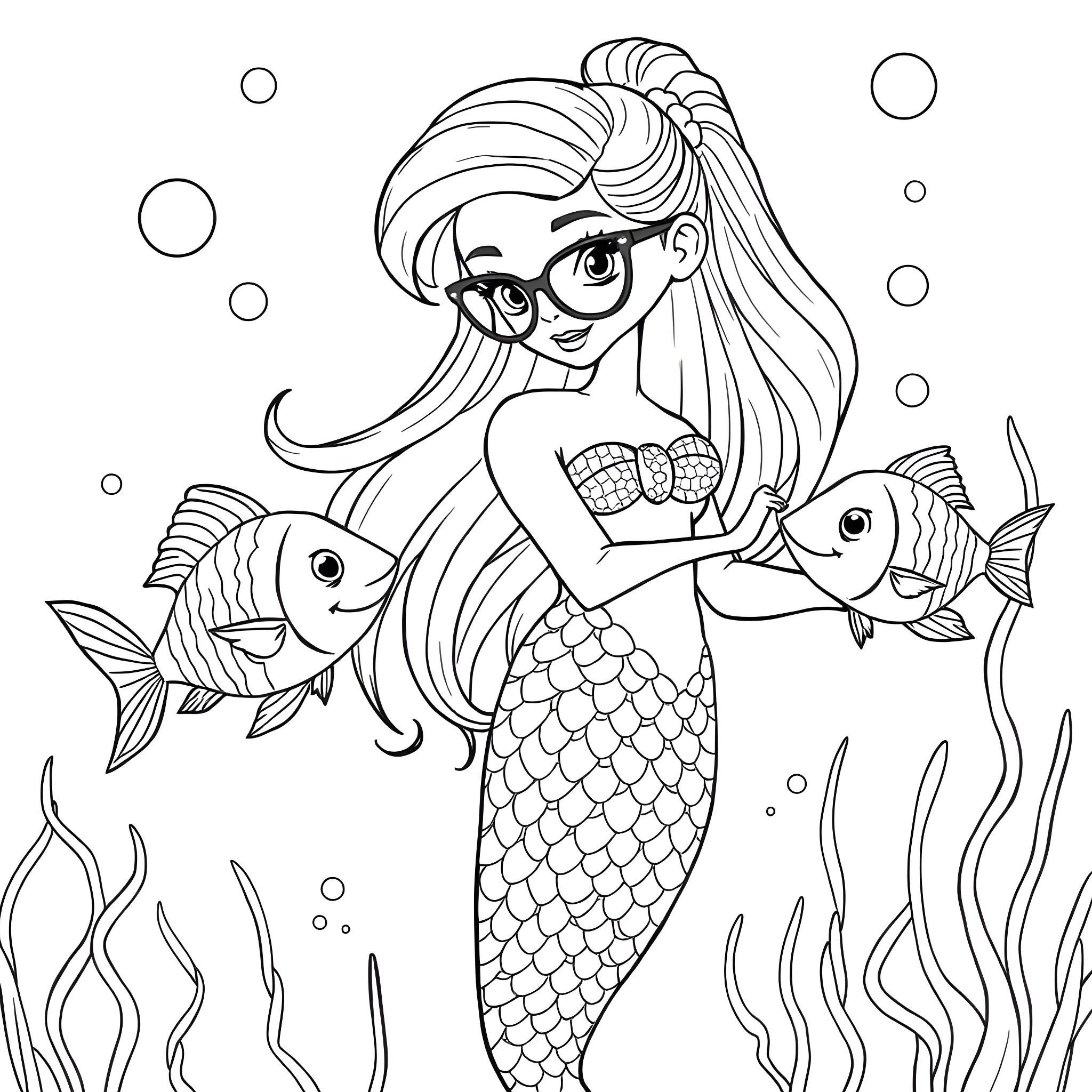 Mermaid playing with colorful sea creatures Coloring Page (free black-and-white line drawing printable PDF for all, from beginners to advanced learners, including children, teens, adults, and seniors)