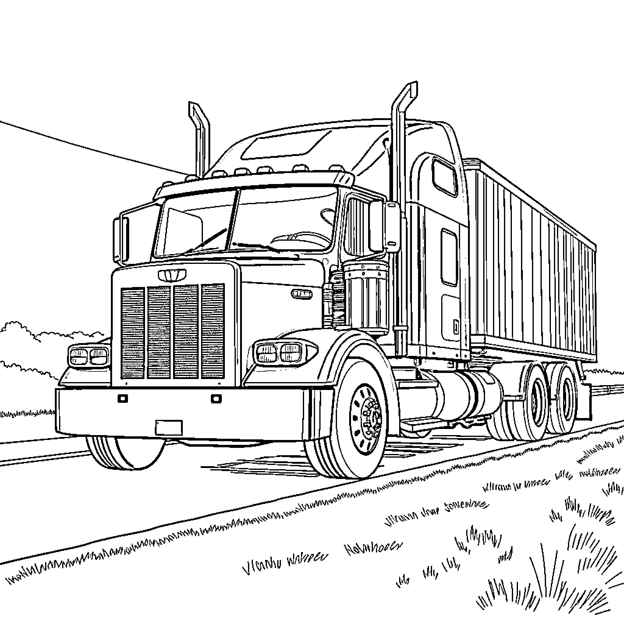 Truck transporting large cargo on the road Coloring Page (free black-and-white line drawing printable PDF for all, from beginners to advanced learners, including children, teens, adults, and seniors)