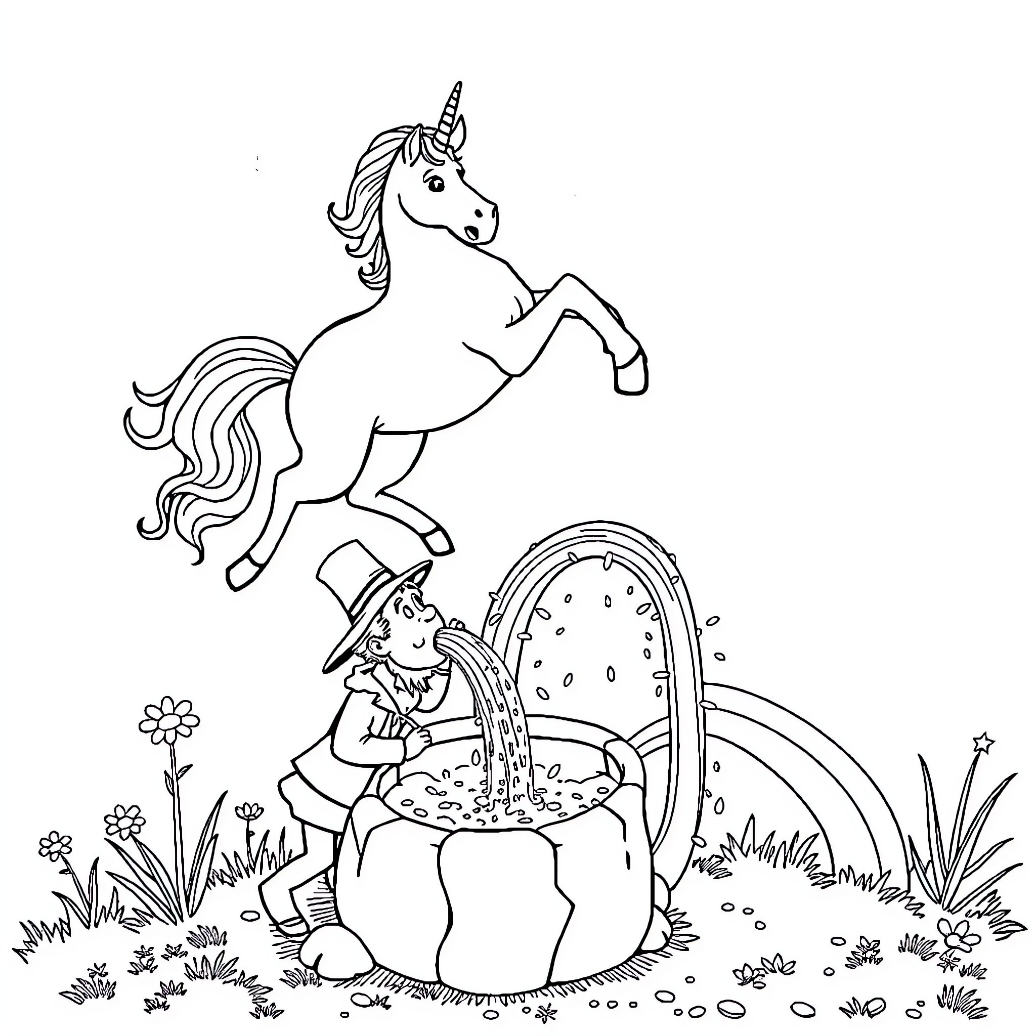 Unicorn galloping playfully with child watering flowers Coloring Page (free black-and-white line drawing printable PDF for all, from beginners to advanced learners, including children, teens, adults, and seniors)