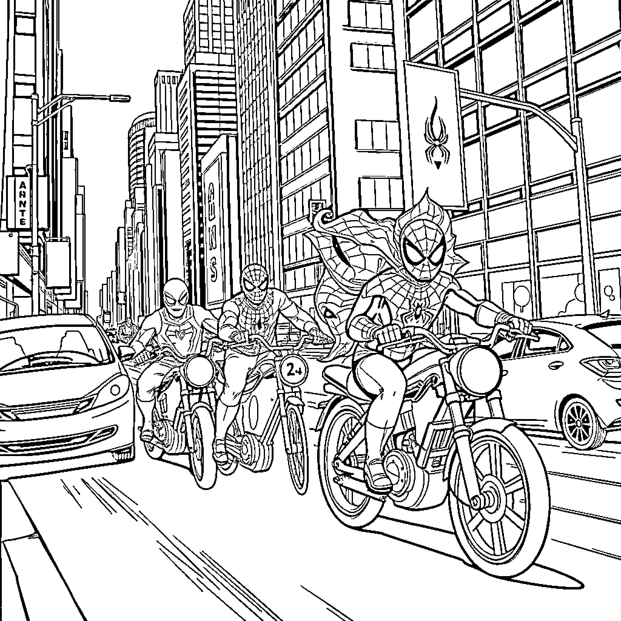 Spiderman and team in a high-speed city chase Coloring Page (free black-and-white line drawing printable PDF for all, from beginners to advanced learners, including children, teens, adults, and seniors)
