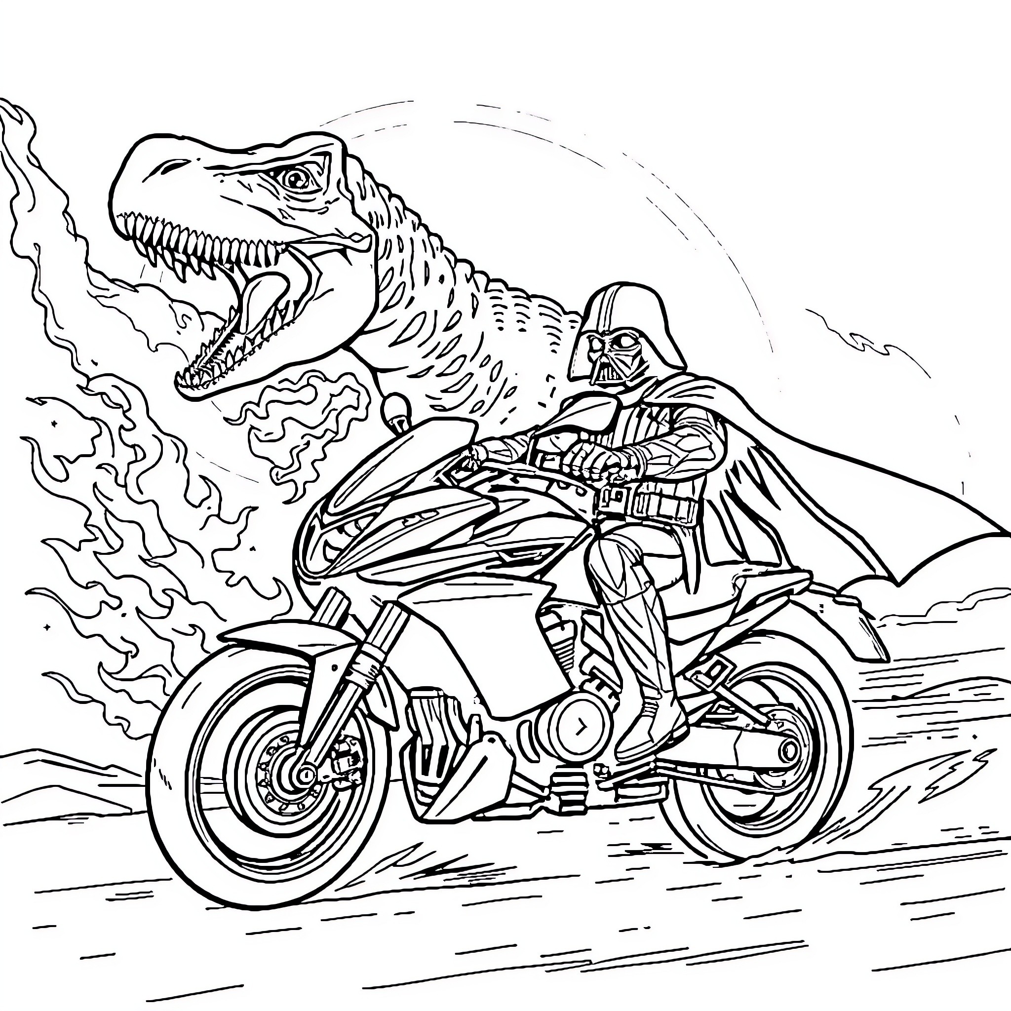 Darth Vader riding a motorcycle while confronting a dinosaur Coloring Page (free black-and-white line drawing printable PDF for all, from beginners to advanced learners, including children, teens, adults, and seniors)