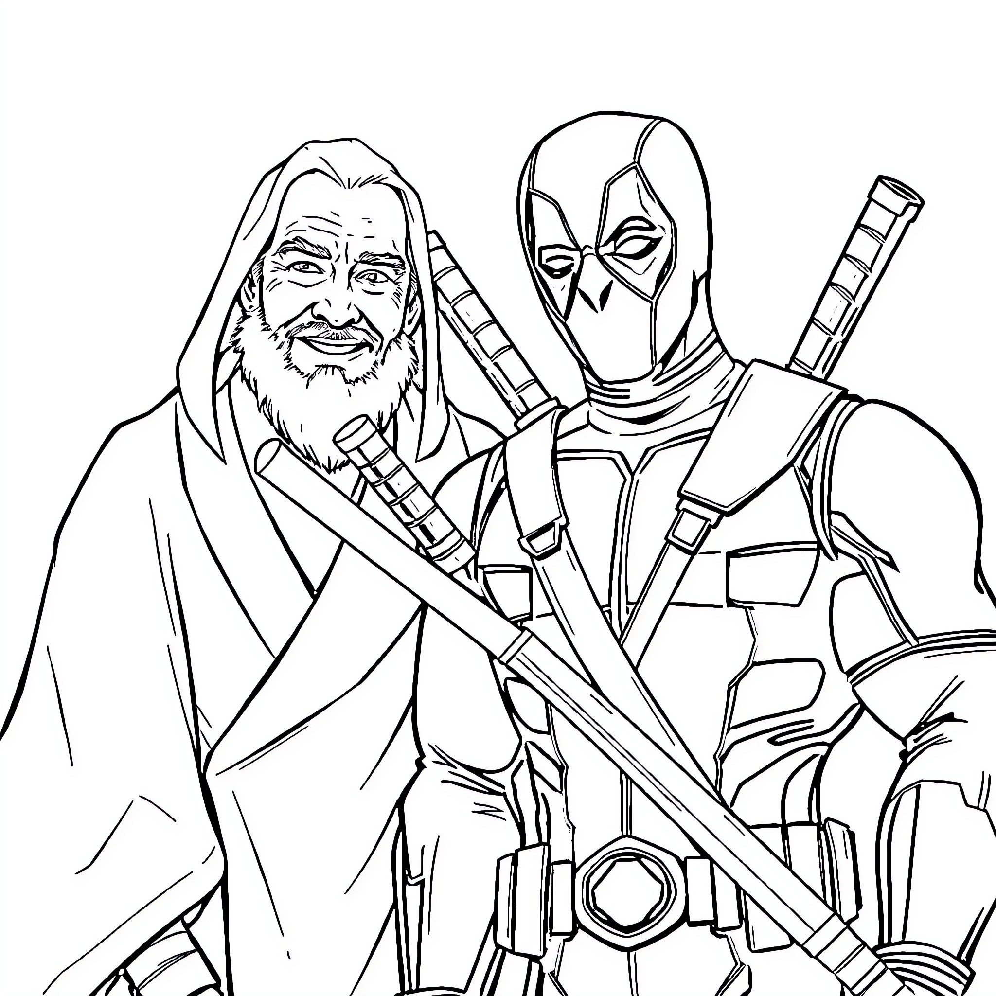 Diosito's Iconic Duo: Swordmaster and Mercenary in Action Coloring Page (free black-and-white line drawing printable PDF for all, from beginners to advanced learners, including children, teens, adults, and seniors)